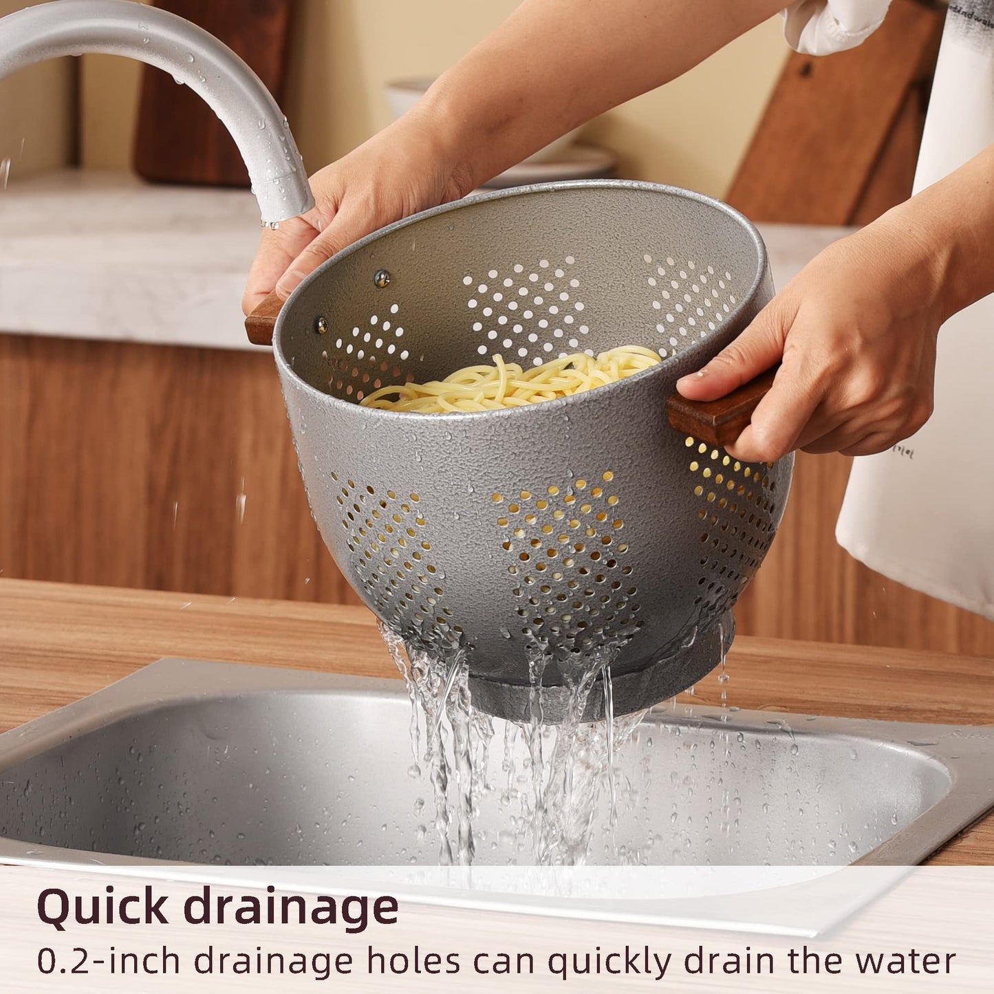 Metal Colander with Wood Handle and Stable Base, Powder Coated Steel Kitchen Strainer Basket for Draining Pasta, Vegetable and fruit(7quart,Sandyellow)