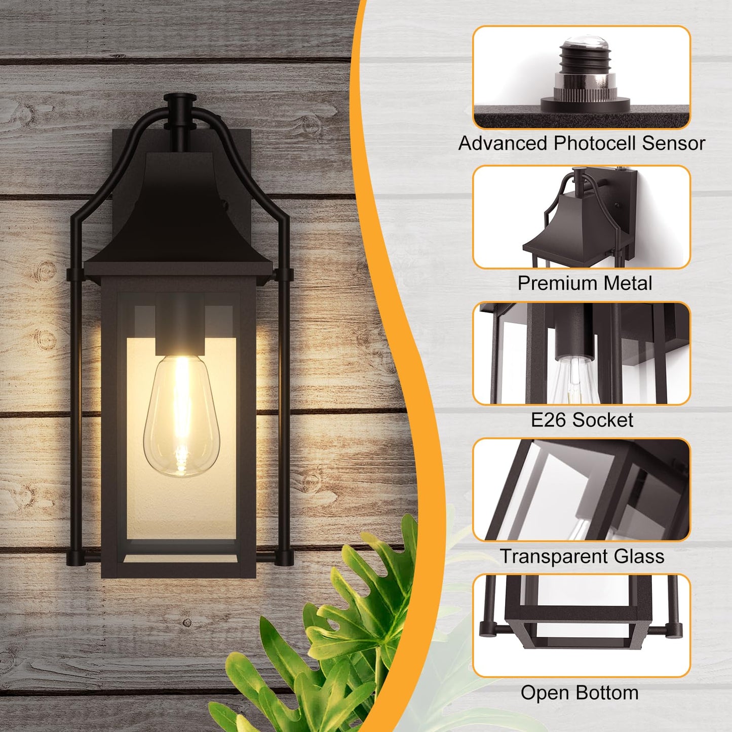 Outdoor Wall Lights Fixtures, Large Size Dusk to Dawn Waterproof Exterior Lanterns, Modern Porch Sconce Wall Mounted with Glass