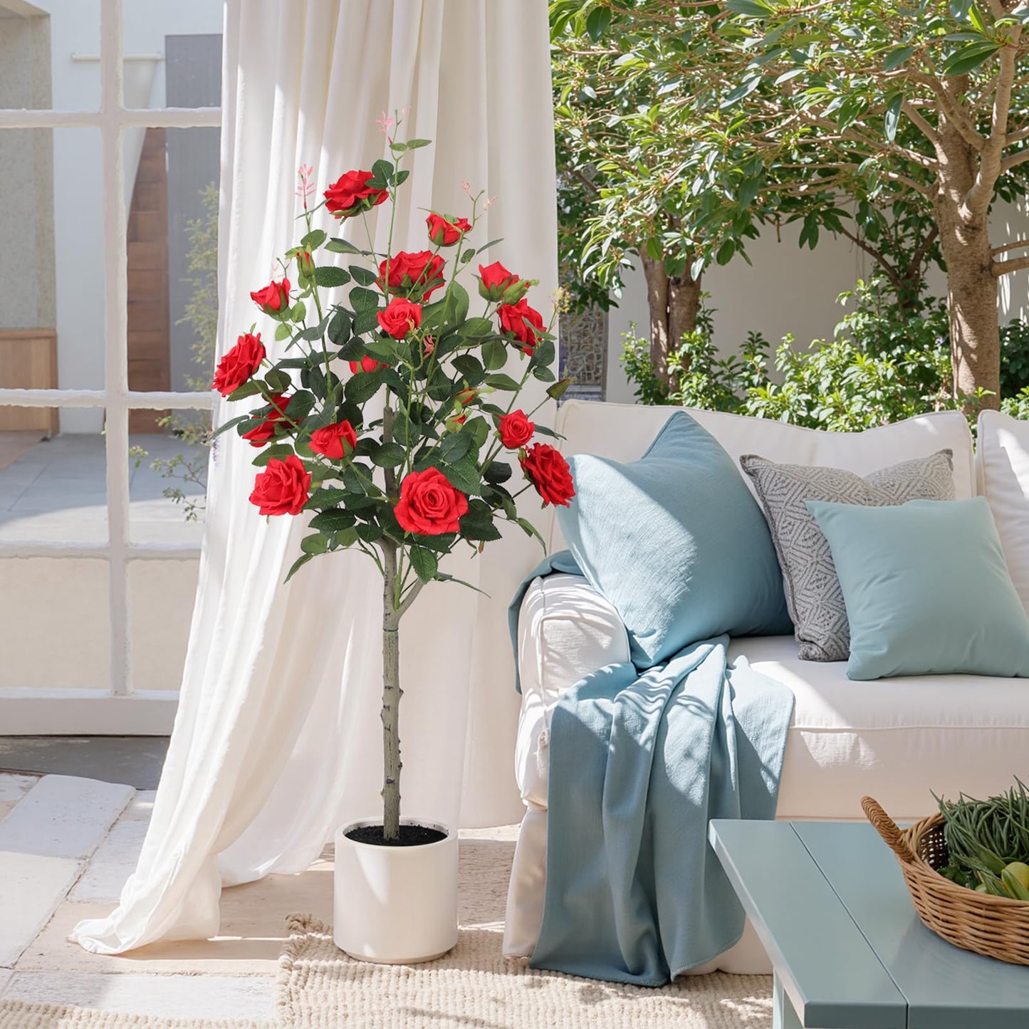 Yepdin 63 inch Artificial Camellia Tree with White Flower Pots - White Fake Tree,5 Ft Faux Plants Indoor wich Blooming,Artificial Plants for Indoor & Outdoor Home Front Door Decor