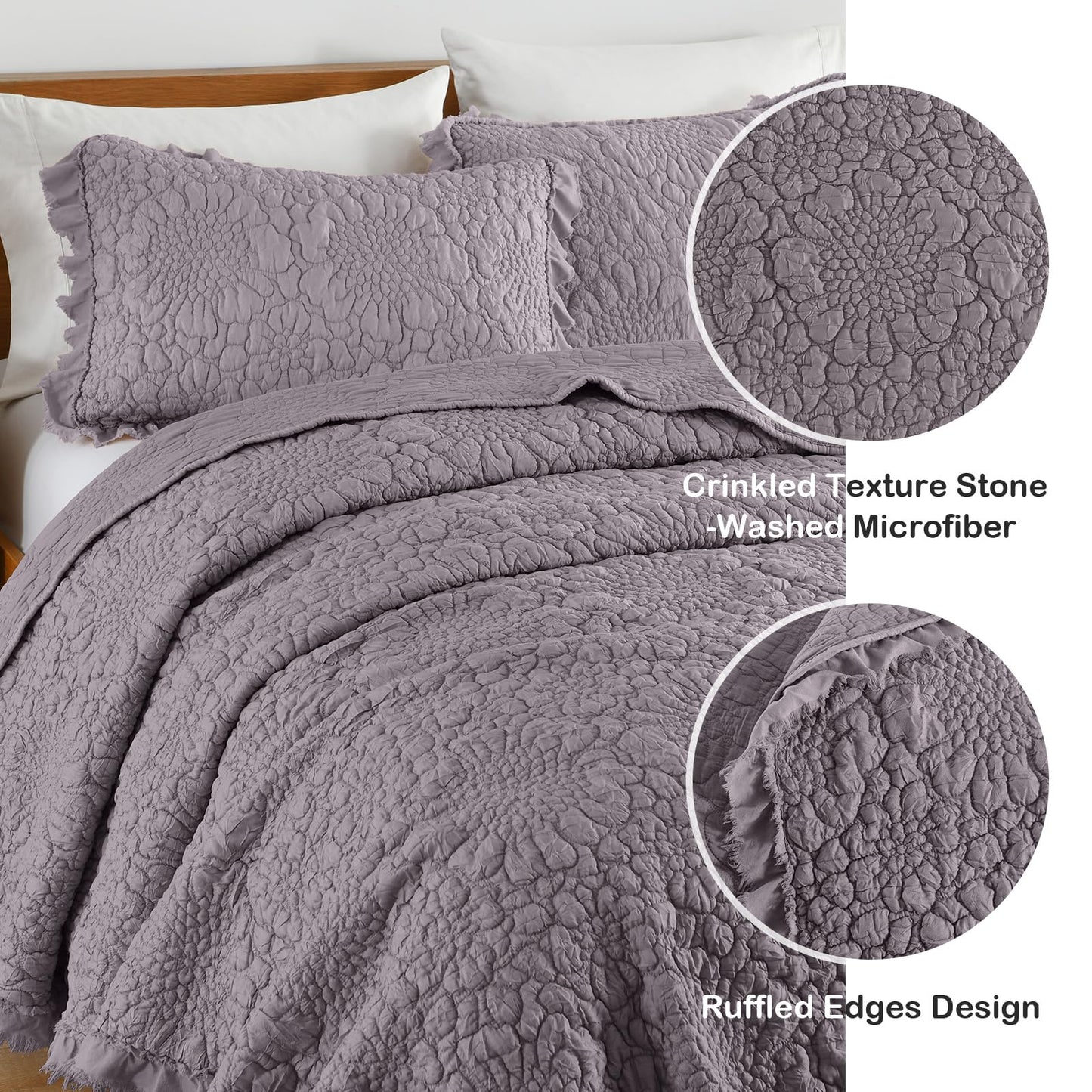 Ruffled Quilt Stone-Washed Lightweight Crinkled Shabby Chic Bedding Set
