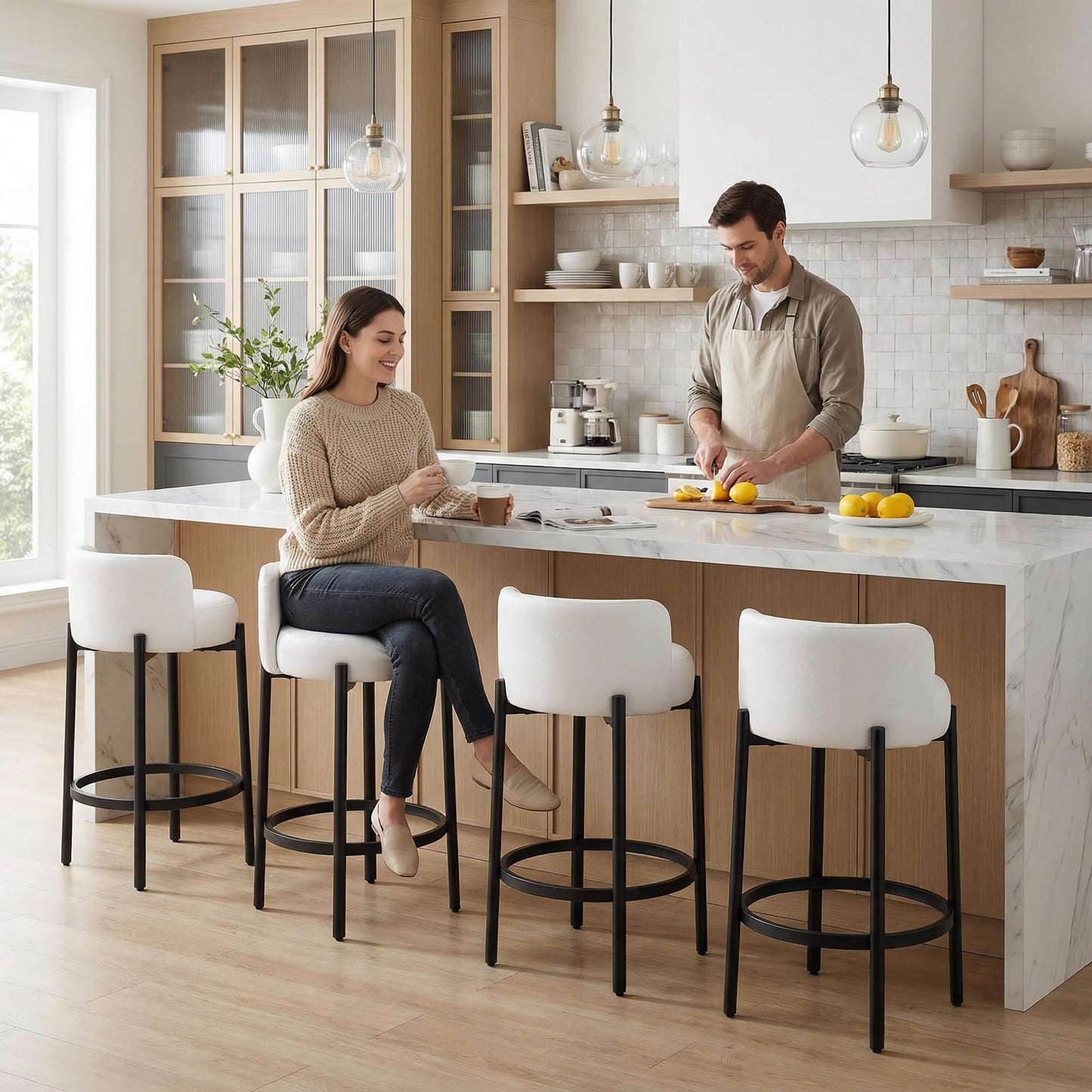 LukeAlon Mid Century Linen Counter Stools Set of 3, Upholstered 26.5" Seat Height Low Barstools with Natural Wood Legs Round Low Back Kitchen Stools with Footrest for Dining Room, Beige