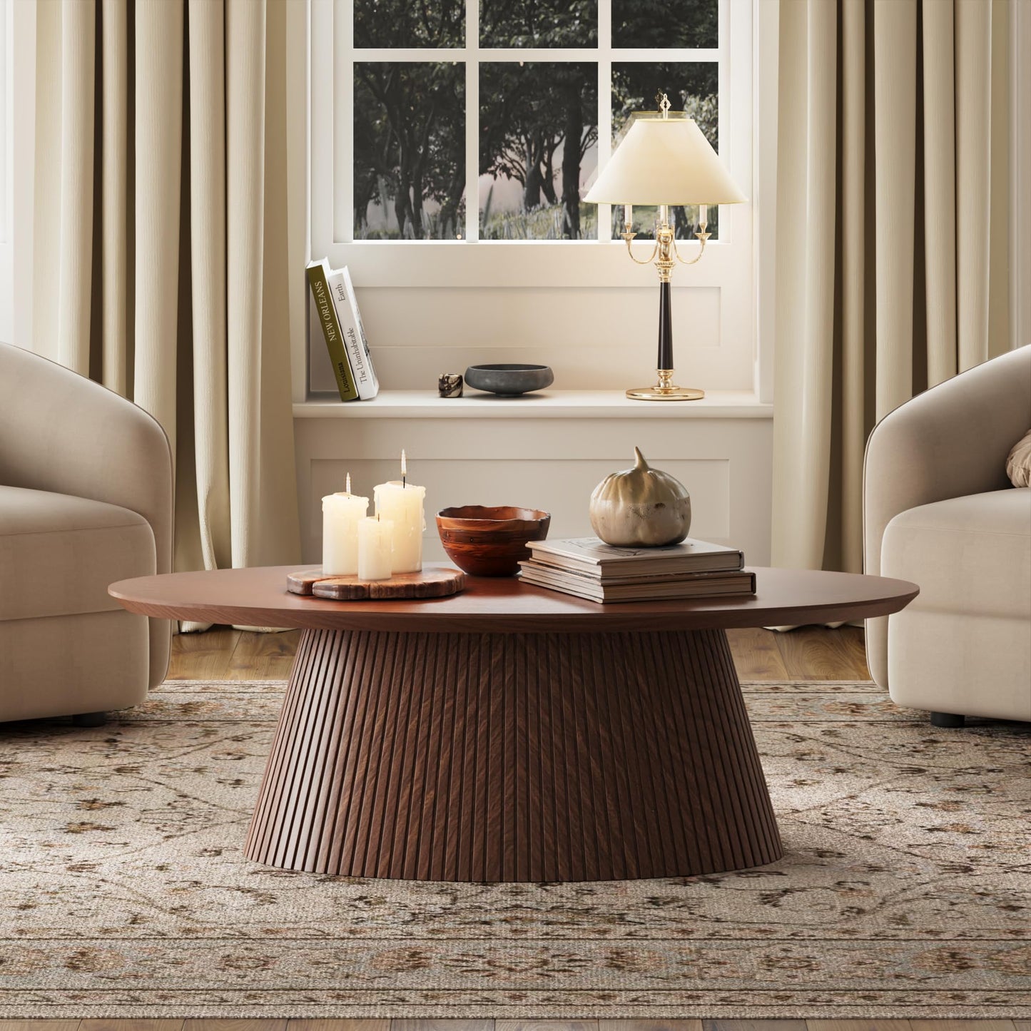 win2win Oval Coffee Table, Mid Century Modern Coffee Table with Fluted Design, Small Funky Tea Table with Wood Grain Veneer, Minimalist Center Table for Living Room, Apartment, Office, Walnut