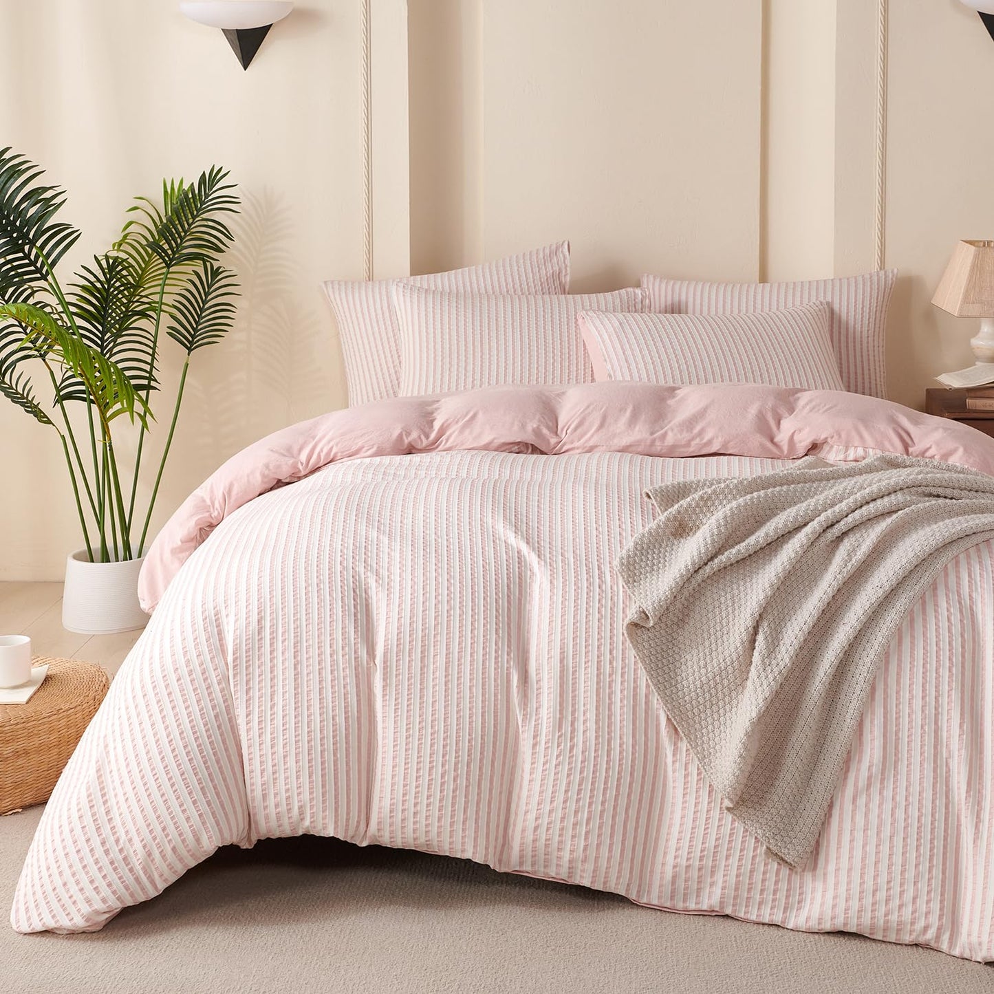 Striped Duvet Cover Queen Beige Washed Microfiber Jacquard 3 Pieces Bedding Set, White Beige Vertical Ticking Stripes Pattern Comforter Cover with Zipper Closure Breathable Durable Soft Comfy
