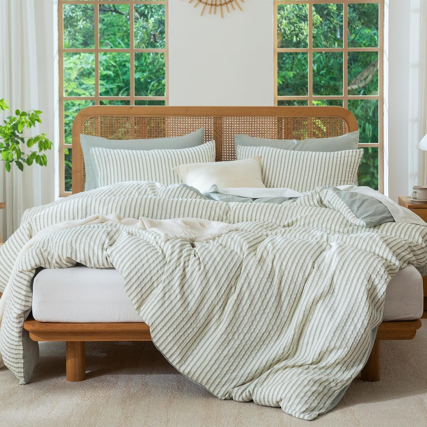 Striped Duvet Cover Queen Beige Washed Microfiber Jacquard 3 Pieces Bedding Set, White Beige Vertical Ticking Stripes Pattern Comforter Cover with Zipper Closure Breathable Durable Soft Comfy