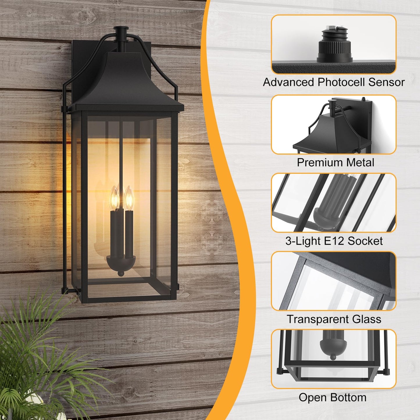 Outdoor Wall Lights Fixtures, Large Size Dusk to Dawn Waterproof Exterior Lanterns, Modern Porch Sconce Wall Mounted with Glass