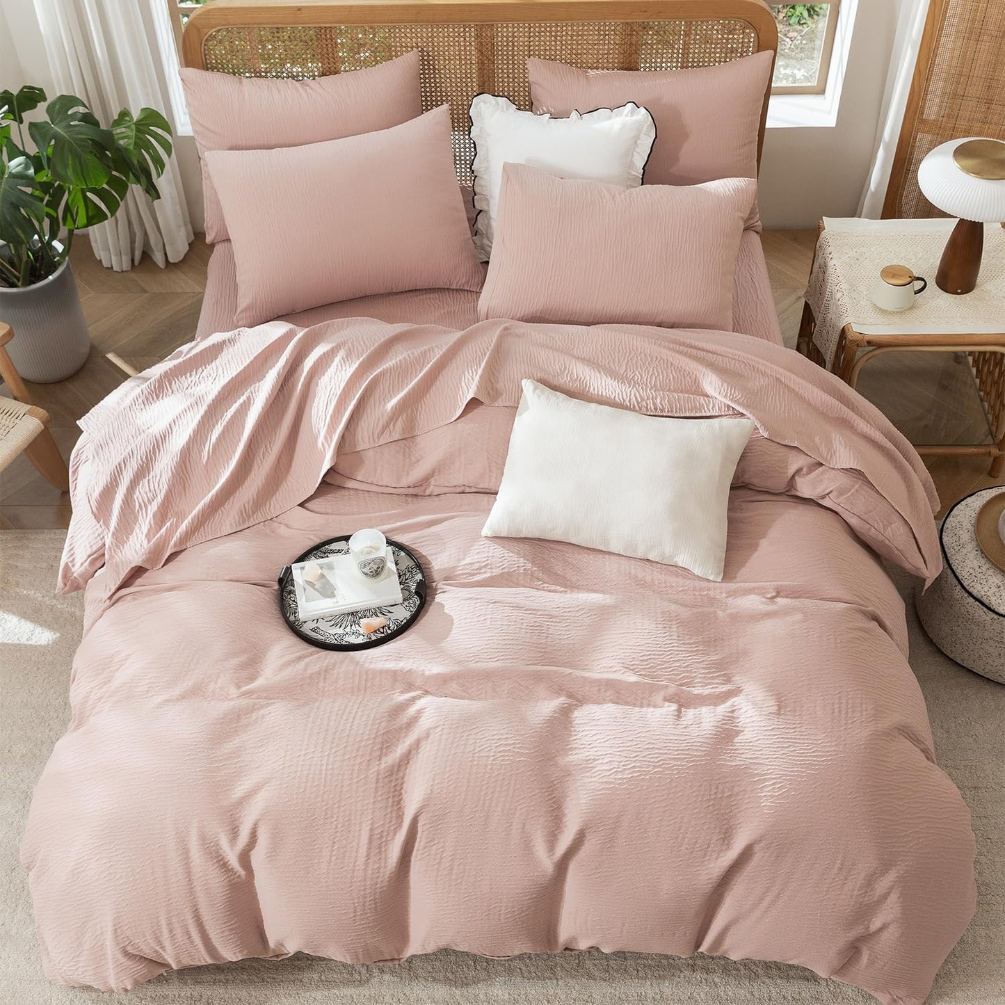 Striped Duvet Cover Queen Beige Washed Microfiber Jacquard 3 Pieces Bedding Set, White Beige Vertical Ticking Stripes Pattern Comforter Cover with Zipper Closure Breathable Durable Soft Comfy