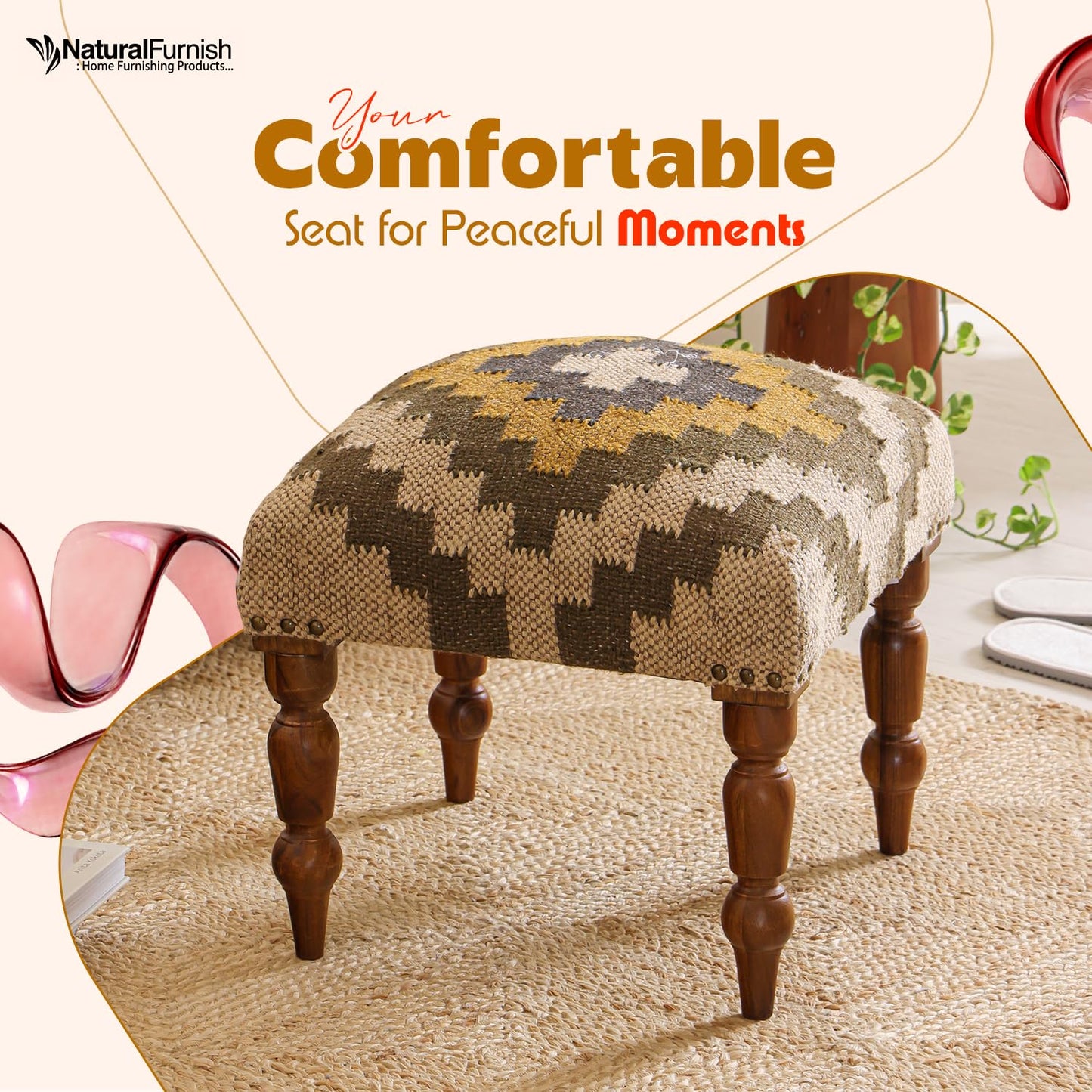 Handmade Jute Ottoman Stool with Wooden Legs