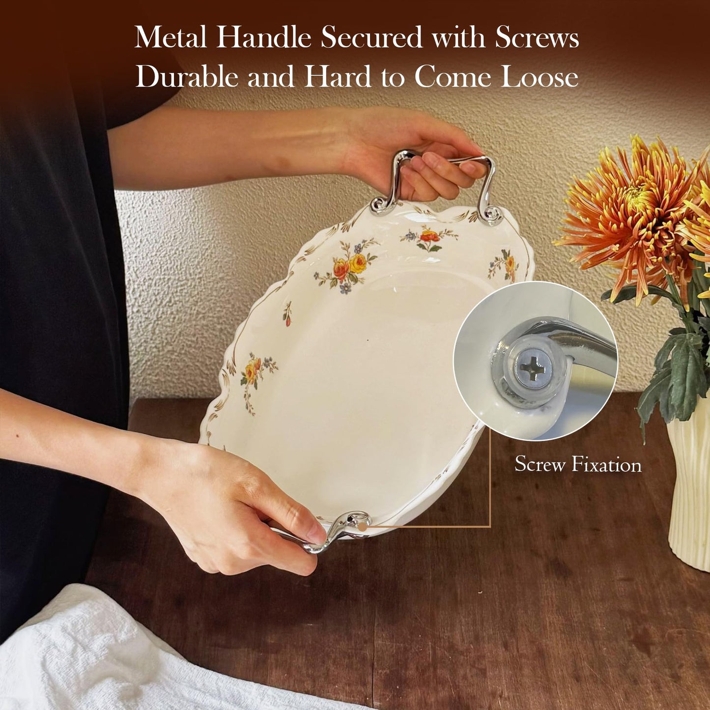 9″ Ceramic Pedestal Fruit Bowl with Removable Wooden Stand, Decorative Floral Serving Bowl for Kitchen Counter, Fruit, Desserts, Vegetables & Home Decor