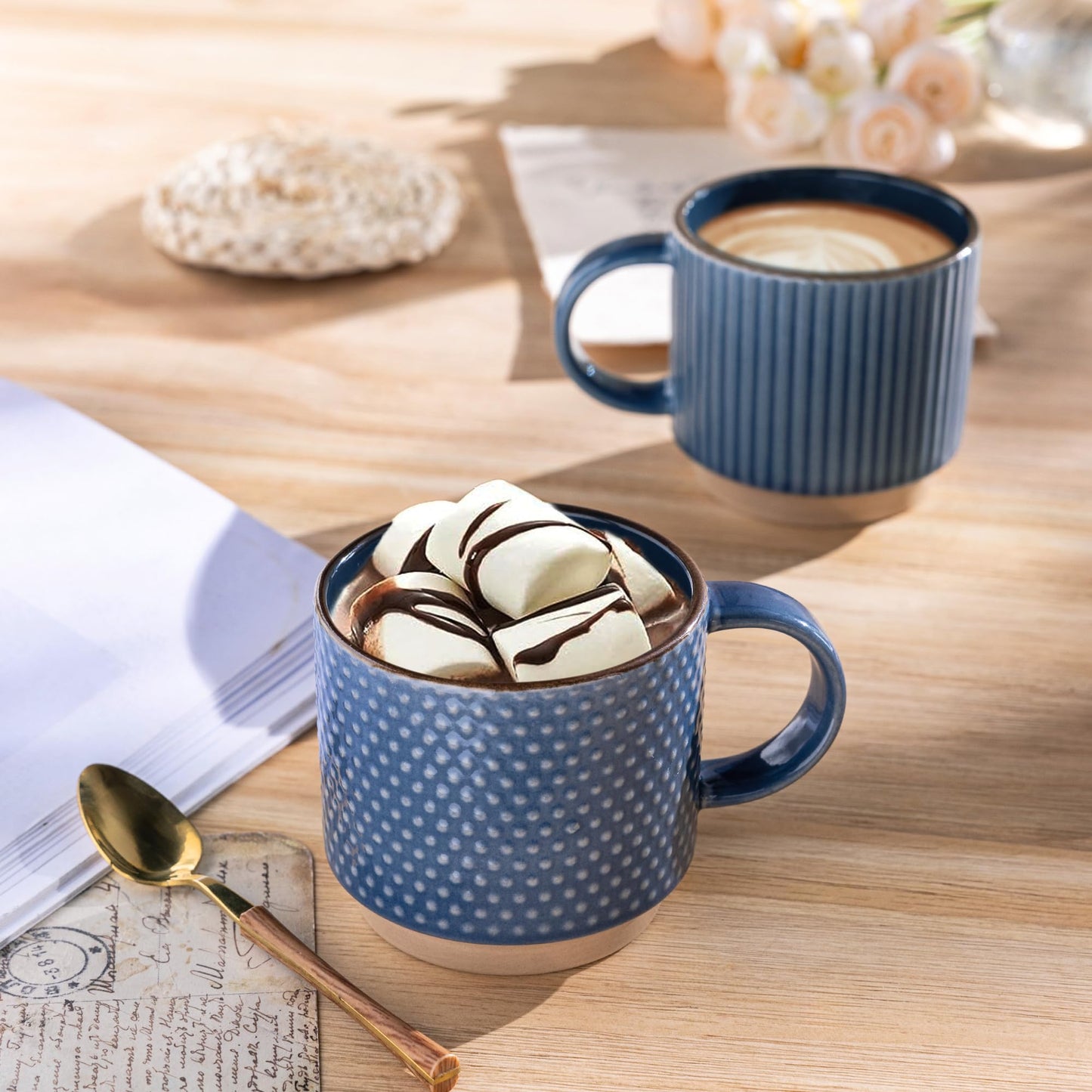 GBhome 12OZ Stackable Coffee Mugs, Ceramic Coffee Mugs with Texture Patterns for Man,Woman,Dad,Mom, Modern Coffee Mugs Set of 4 for Latte/Cappuccino/Cocoa. Dishwasher&Microwave Safe, Pale Khaki