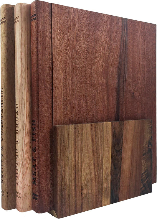 Resafy Book Cutting Board Set of 3,Acacia Wooden Decorative and Functional Cutting Boards with Wooden Stand Library,Fruits, Vegetables, Meat, Fish, Cheese and Bread | Statement Piece for Countertop