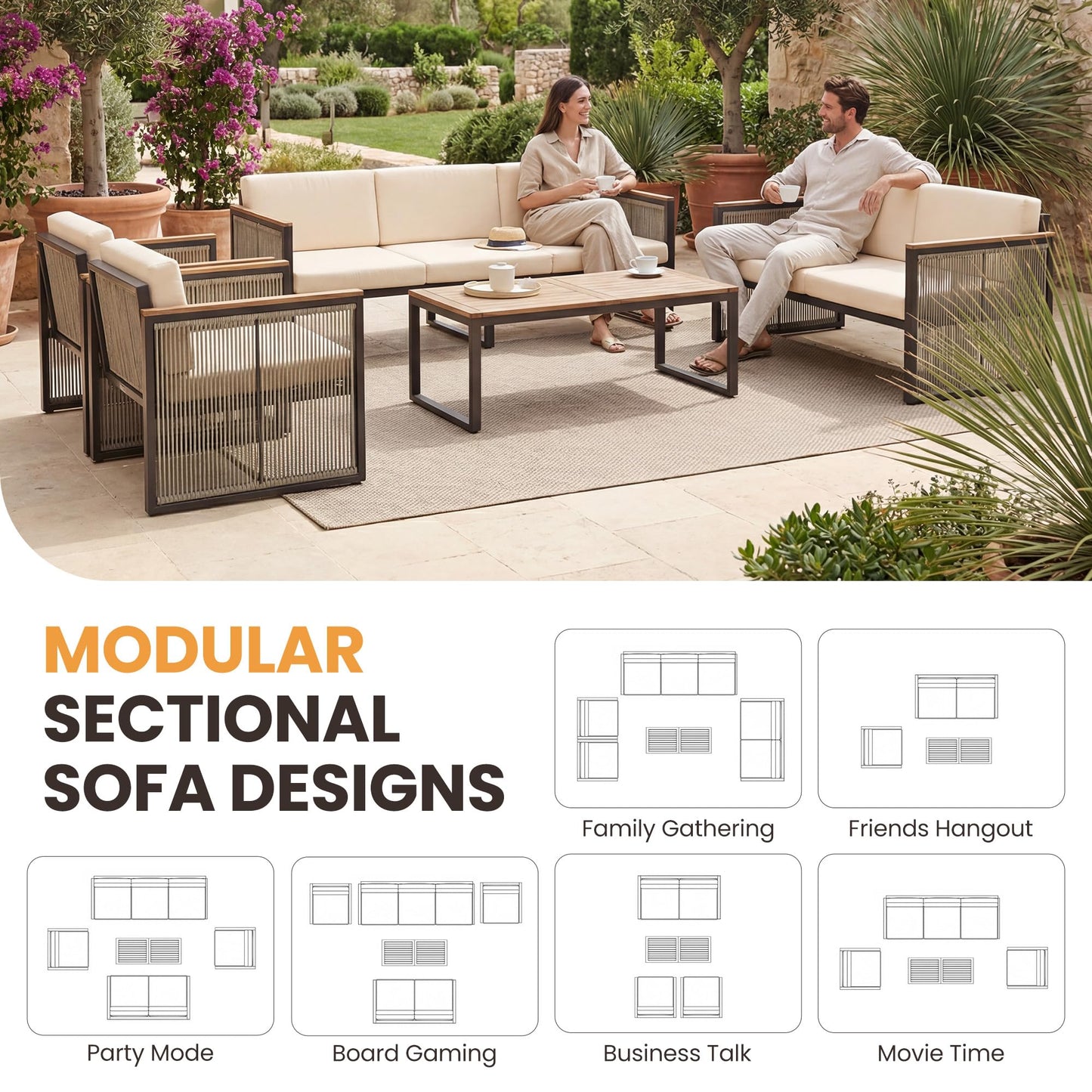 5 Piece Patio Conversation Set for 7, Modular Patio Sofa Couch with Cushions, Rattan Outdoor Patio Furniture Set with Loveseat/Coffee Table, Outdoor Sectional Furniture for Deck/Porch, Beige