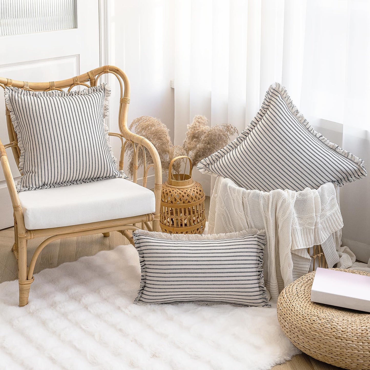 Throw Pillow Covers 18x18 Set of 2 Striped Fringe
