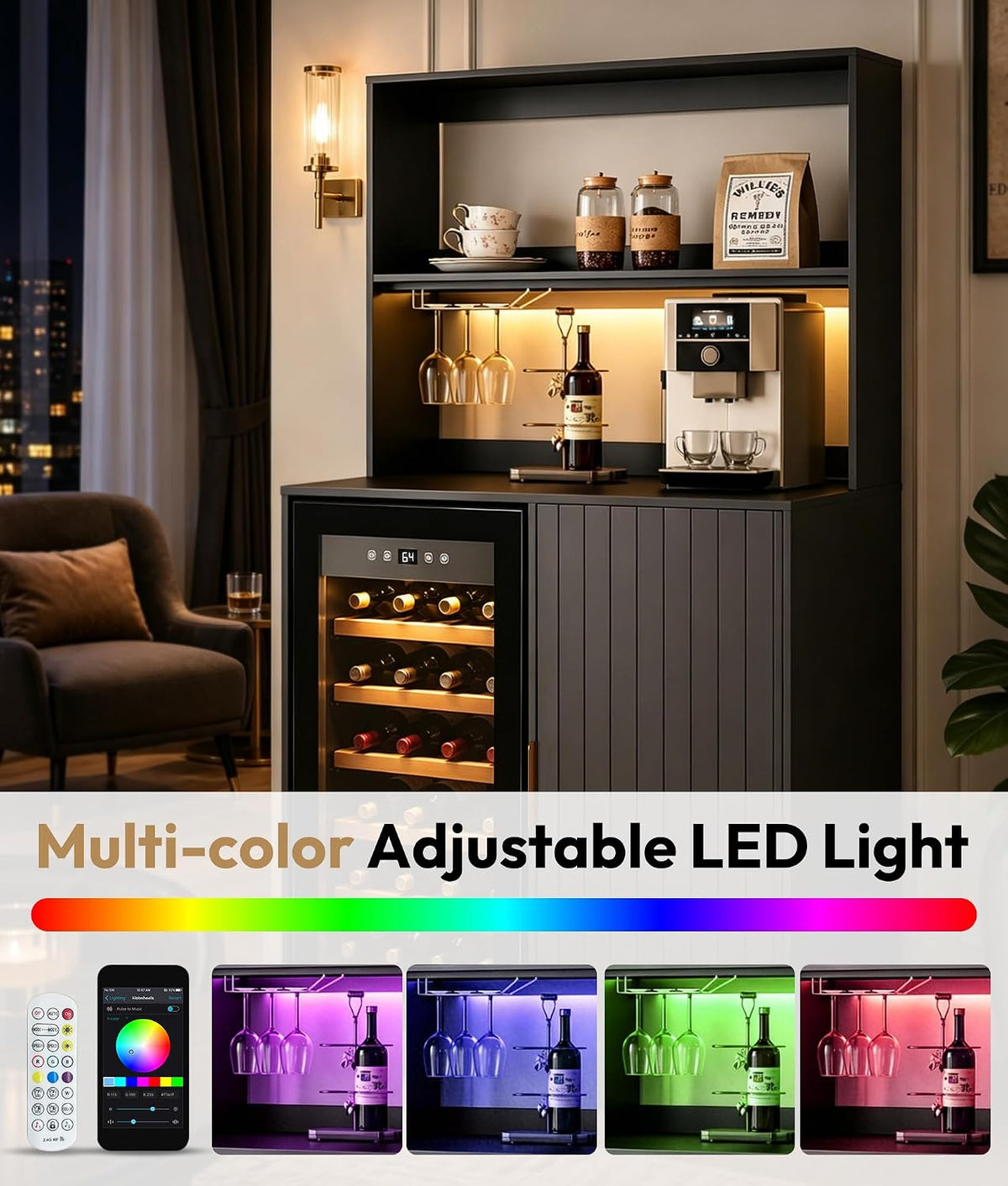 Mini Fridge Cabinet with Hutch and Wine Glass Rack