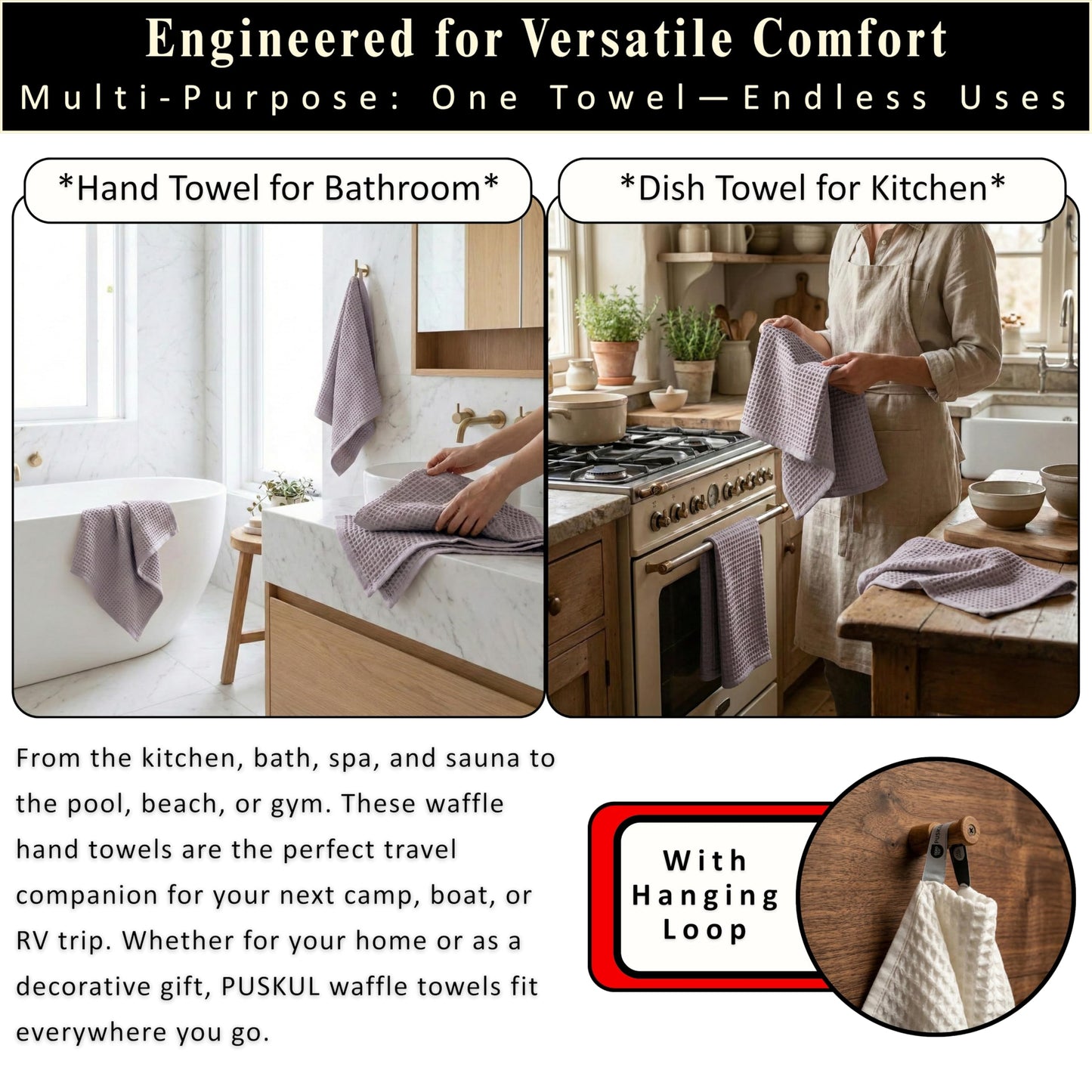 PÜSKÜL Organic Waffle Kitchen Towel Pure 100% Turkish Cotton Set of 3 Natural Raw-Undyed Towel - Premium Quality Soft Quick-Dry Absorbent Lint-Free Hand & Dish Towels Large 32X16 (3, Natural Beige)