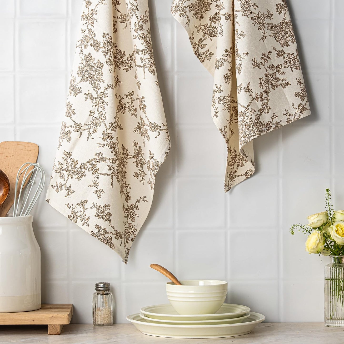 100% Cotton French Pastoral Kitchen Towels Set of 2, Decorative Flour Sack Tea Towels with Hanging Loop 18x25 Inch Absorbent Dish Cloths Farmhouse Home Decor, Brown