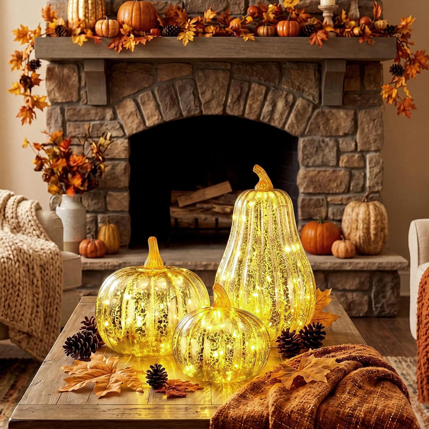 3 Pack Fall Glass Pumpkin with Light