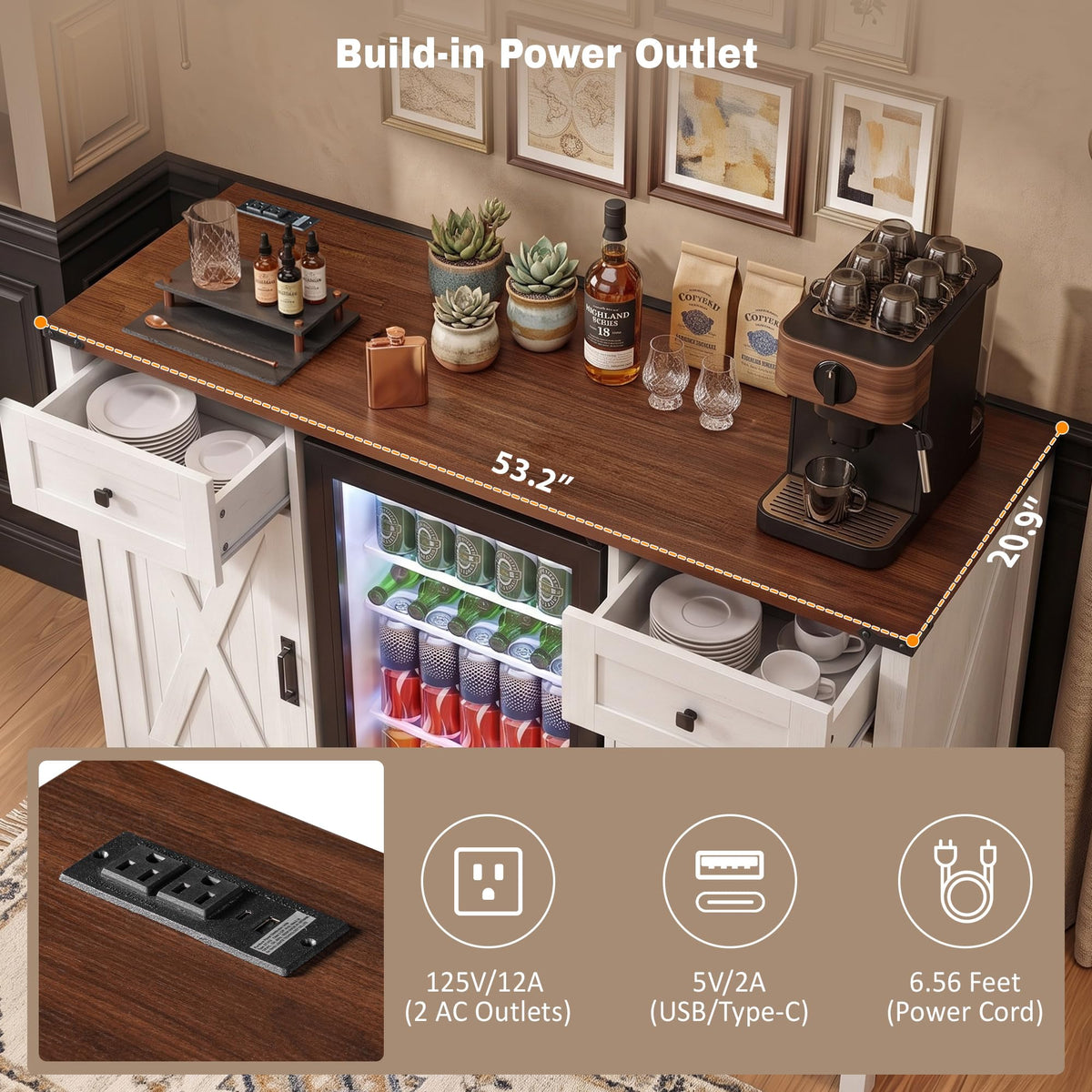 51" Modern Coffee Bar Cabinet with Fridge Space & 2 Drawers