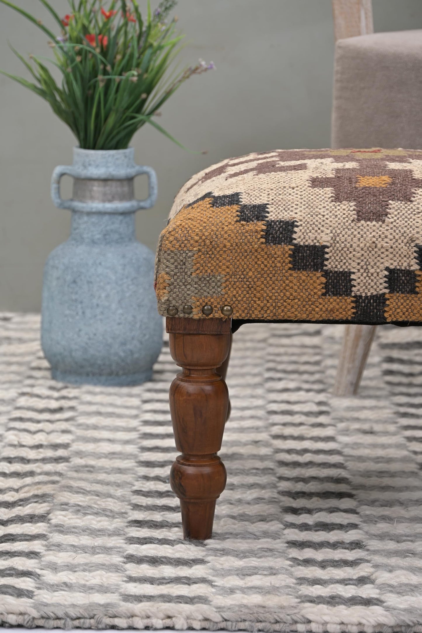 Handmade Jute Ottoman Stool with Wooden Legs