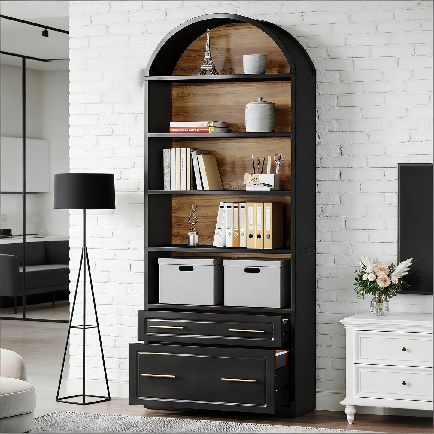 Arched 8 Tier Tall Bookshelf with Wood Back Panel
