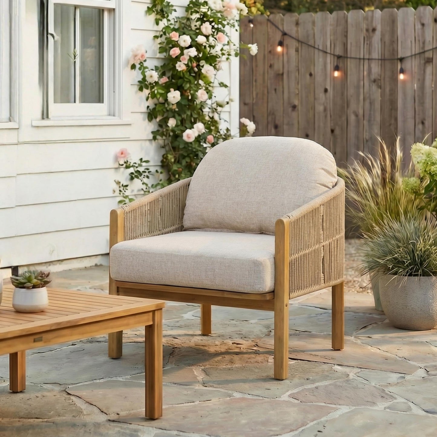 Merax Patio Chairs Set of 2, Acacia Wood Outdoor Club Chair with Cozy 5.75" Thick Cushion & Rope-Weave Backrest, Bohe Style Patio Dining Armchair Chairs for Garden Balcony Outside Dining Relax, Beige