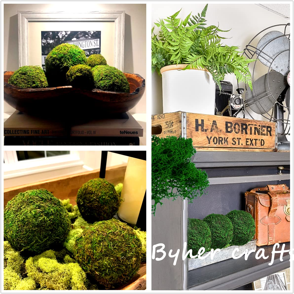 BYHER Natural Green Moss Decorative Ball,Handmade (3.5"-Set of 6)