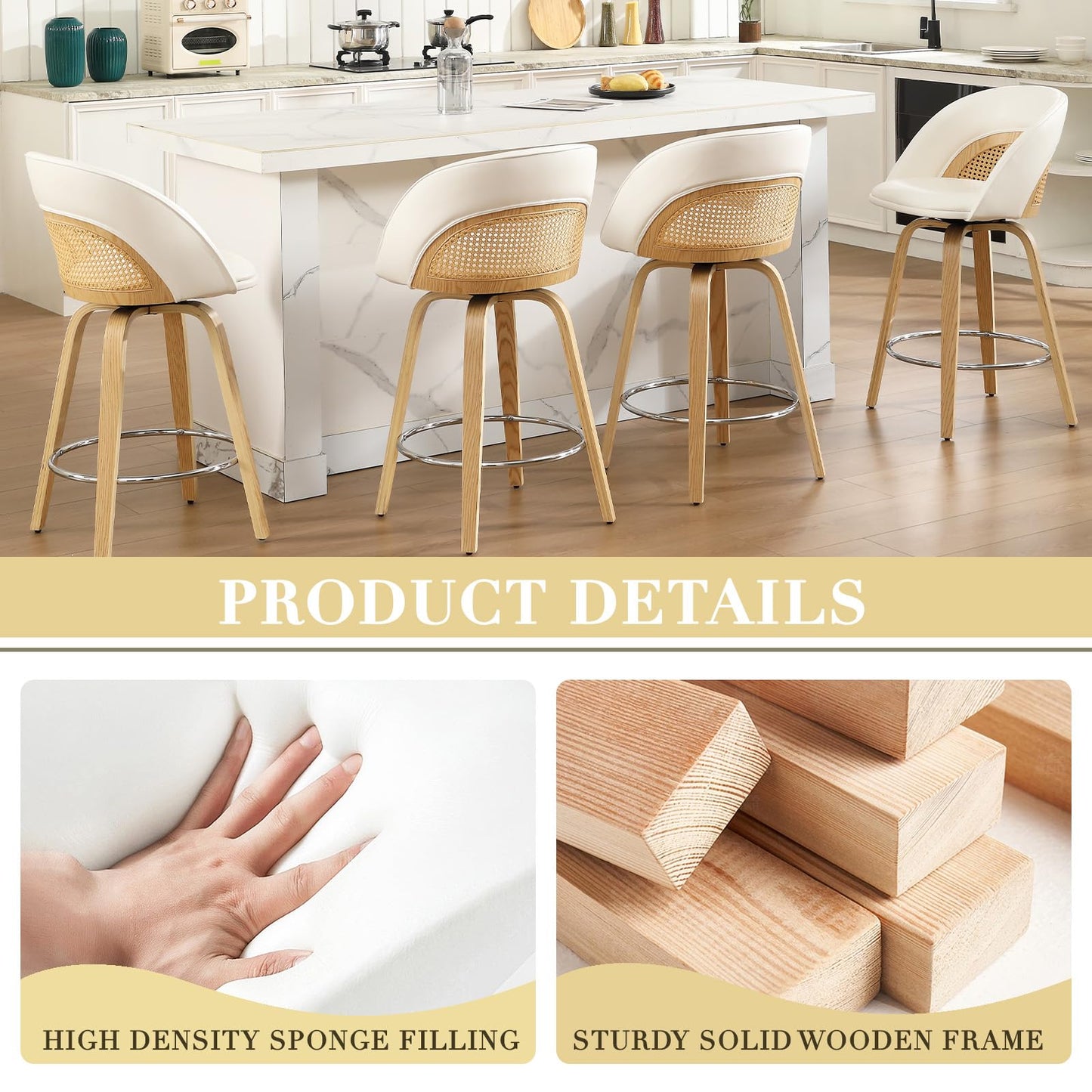 EALSON Bar Stools Set of 4, 26" Swivel Barstools with Rattan Backrest, Modern Faux Leather Upholstered Counter Height Bar Stools with Wood Legs & Bronze Footrest for Kitchen Island/Living Room, Brown