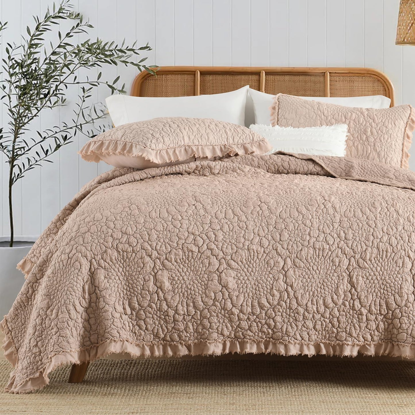 Ruffled Quilt Stone-Washed Lightweight Crinkled Shabby Chic Bedding Set