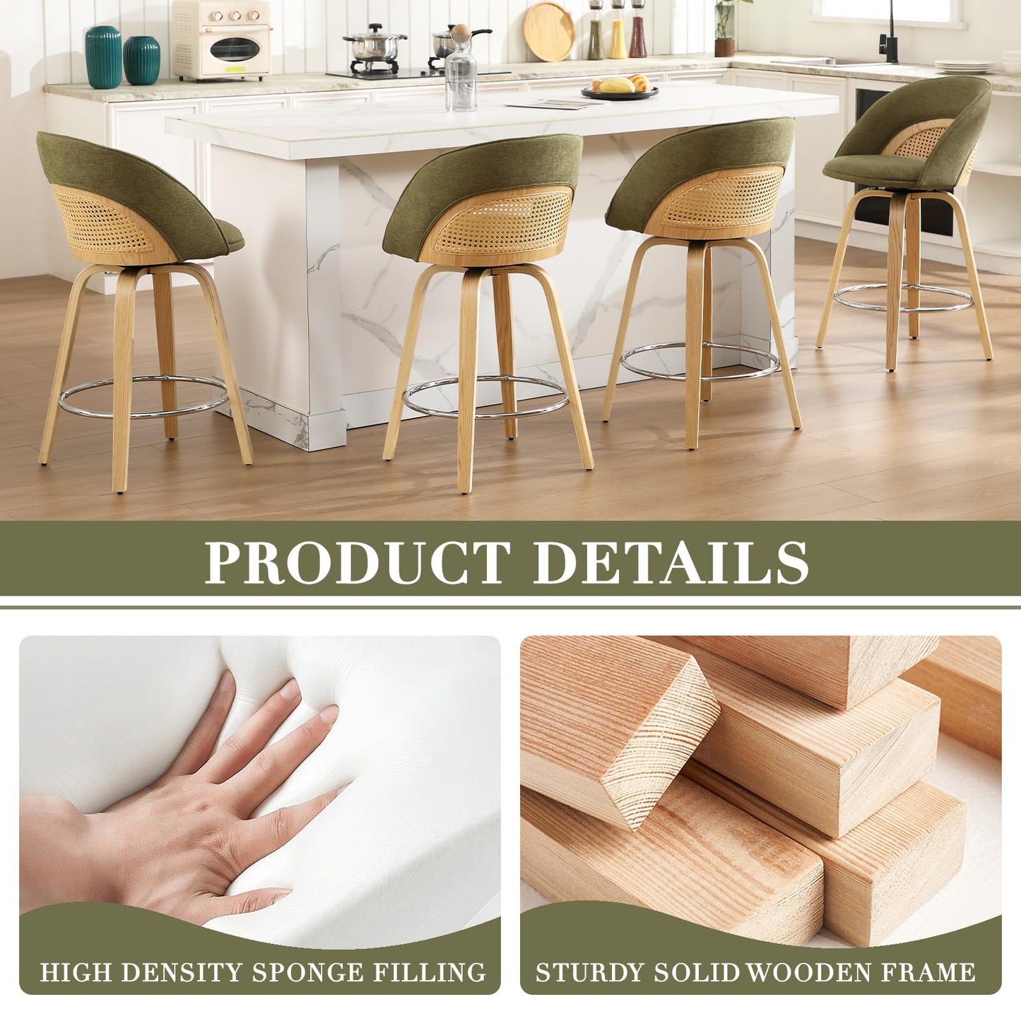 EALSON Bar Stools Set of 4, 26" Swivel Barstools with Rattan Backrest, Modern Faux Leather Upholstered Counter Height Bar Stools with Wood Legs & Bronze Footrest for Kitchen Island/Living Room, Brown