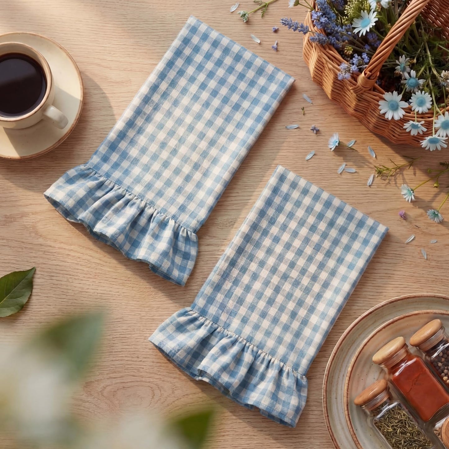 HunnmingRe Taupe Kitchen Towels Set of 2, 100% Cotton Ruffled Gingham Dish Towels 18"x28" Tea Cloths Classic Plaid Pattern for Farmhouse Charm, Drying Dishes, Entertaining Guests