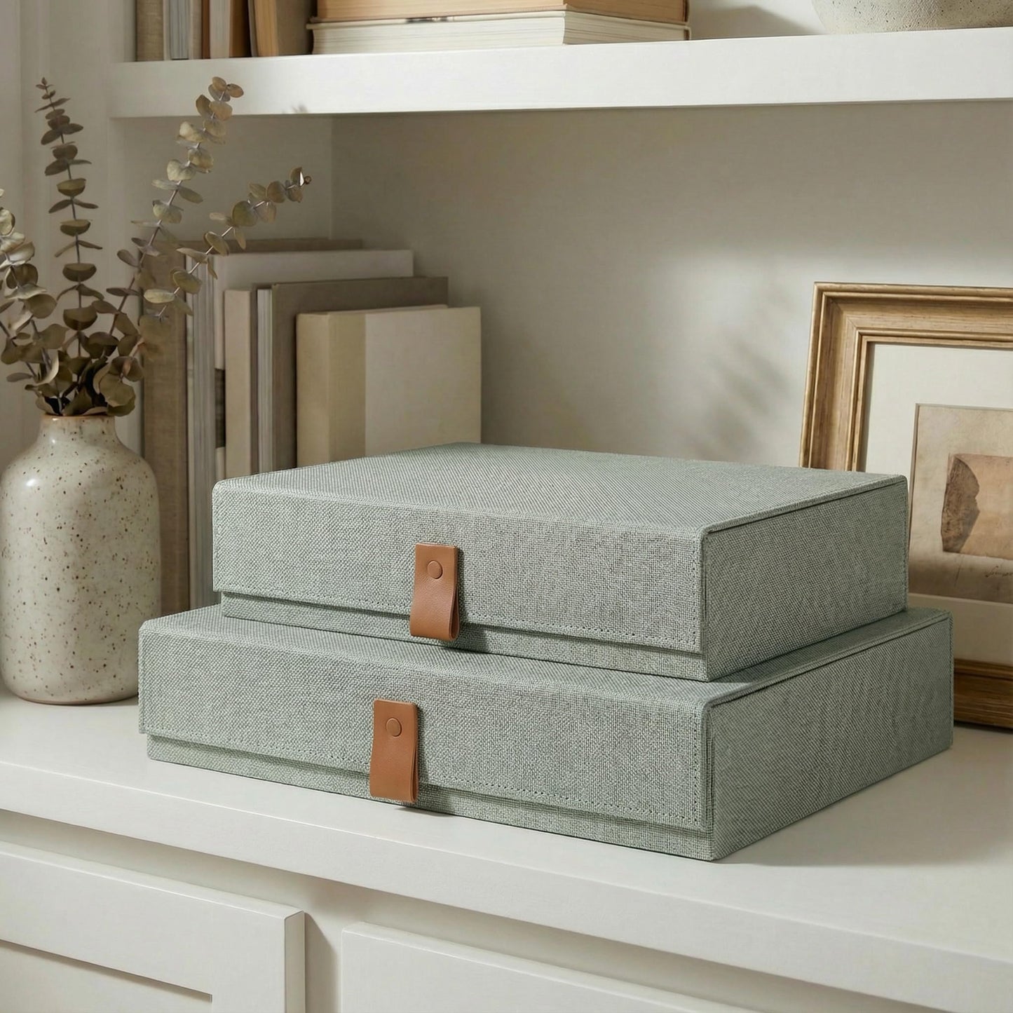 Decorative Photo Storage Boxes with Lids - Set of 2 Beautiful Linen Organizers Are Perfect to Safely Store Your Pictures, Documents, Scrapbooking Supplies, Keepsakes and Other Memories in Style