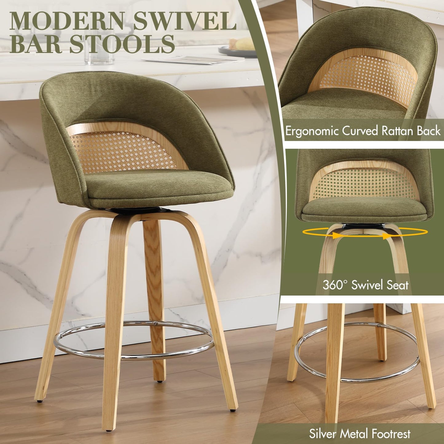 EALSON Bar Stools Set of 4, 26" Swivel Barstools with Rattan Backrest, Modern Faux Leather Upholstered Counter Height Bar Stools with Wood Legs & Bronze Footrest for Kitchen Island/Living Room, Brown