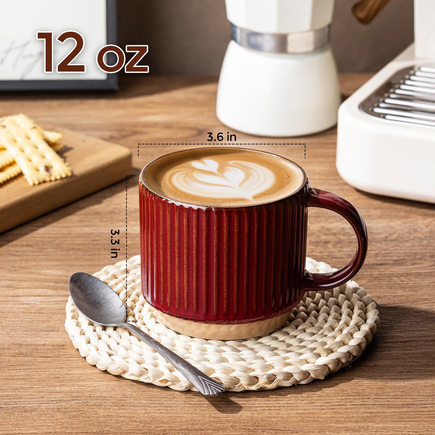 GBhome 12OZ Stackable Coffee Mugs, Ceramic Coffee Mugs with Texture Patterns for Man,Woman,Dad,Mom, Modern Coffee Mugs Set of 4 for Latte/Cappuccino/Cocoa. Dishwasher&Microwave Safe, Pale Khaki