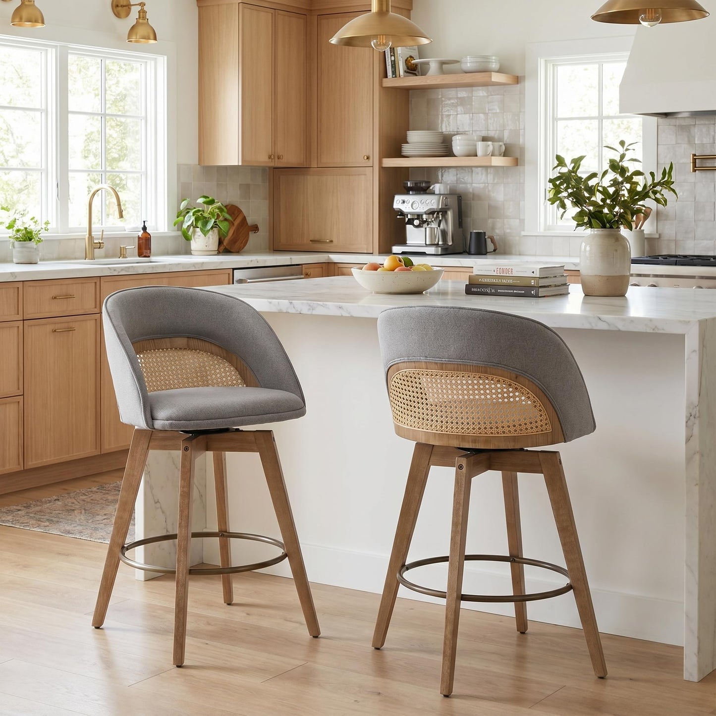 EALSON Bar Stools Set of 4, 26" Swivel Barstools with Rattan Backrest, Modern Faux Leather Upholstered Counter Height Bar Stools with Wood Legs & Bronze Footrest for Kitchen Island/Living Room, Brown