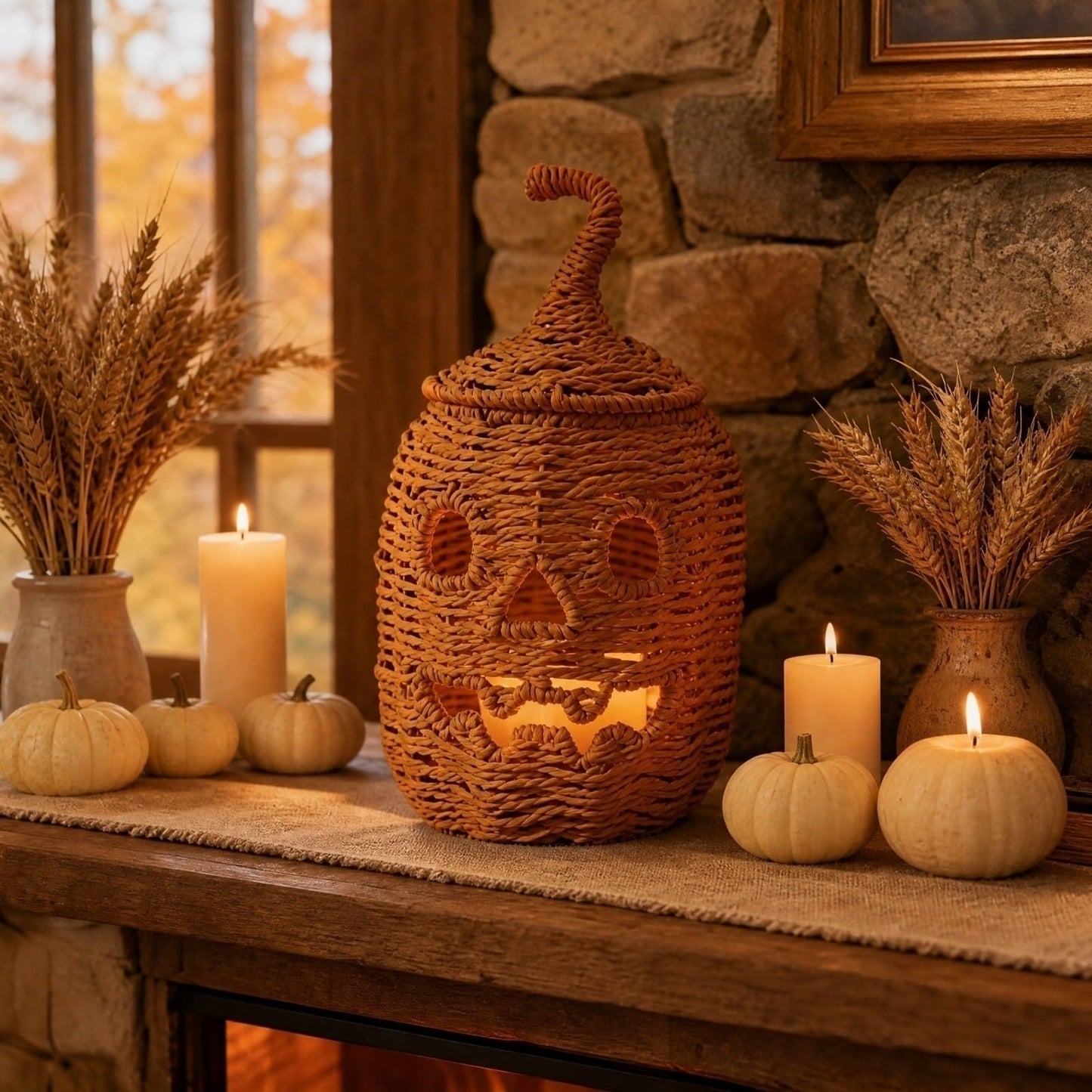 Rattan Lantern Pumpkin Candle Holder with Witch Hat Shape Lid