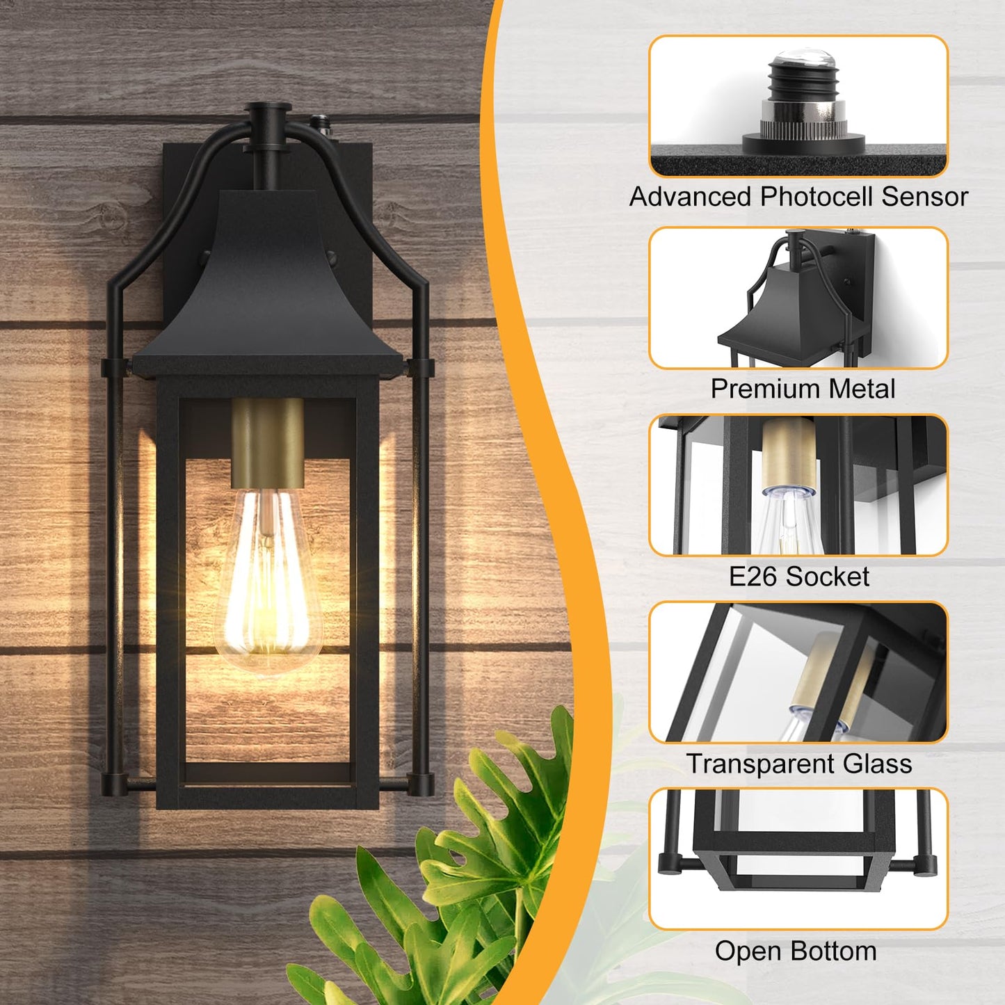 Outdoor Wall Lights Fixtures, Large Size Dusk to Dawn Waterproof Exterior Lanterns, Modern Porch Sconce Wall Mounted with Glass