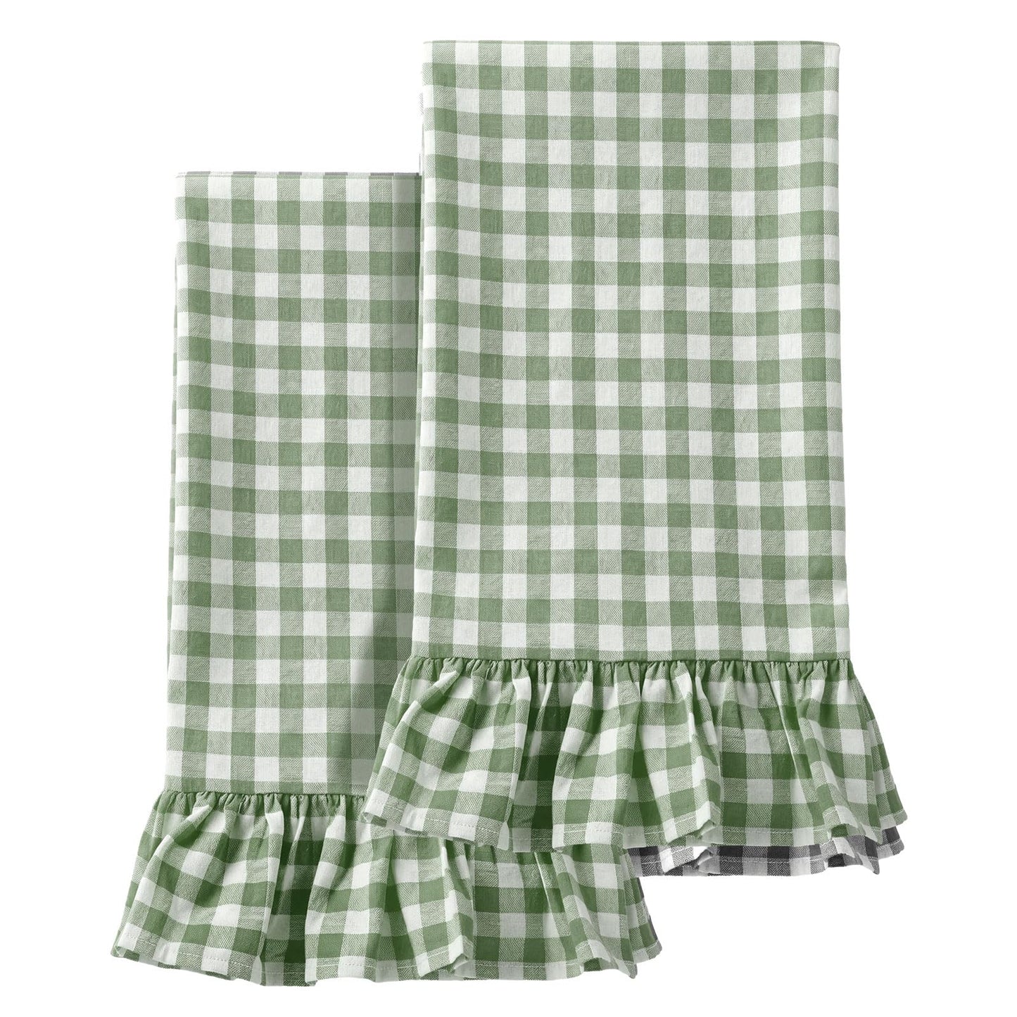 HunnmingRe Taupe Kitchen Towels Set of 2, 100% Cotton Ruffled Gingham Dish Towels 18"x28" Tea Cloths Classic Plaid Pattern for Farmhouse Charm, Drying Dishes, Entertaining Guests
