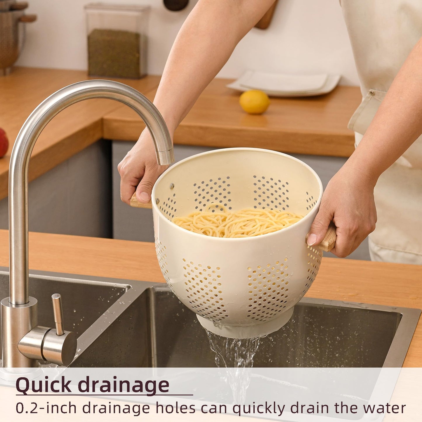 Metal Colander with Wood Handle and Stable Base, Powder Coated Steel Kitchen Strainer Basket for Draining Pasta, Vegetable and fruit(7quart,Sandyellow)