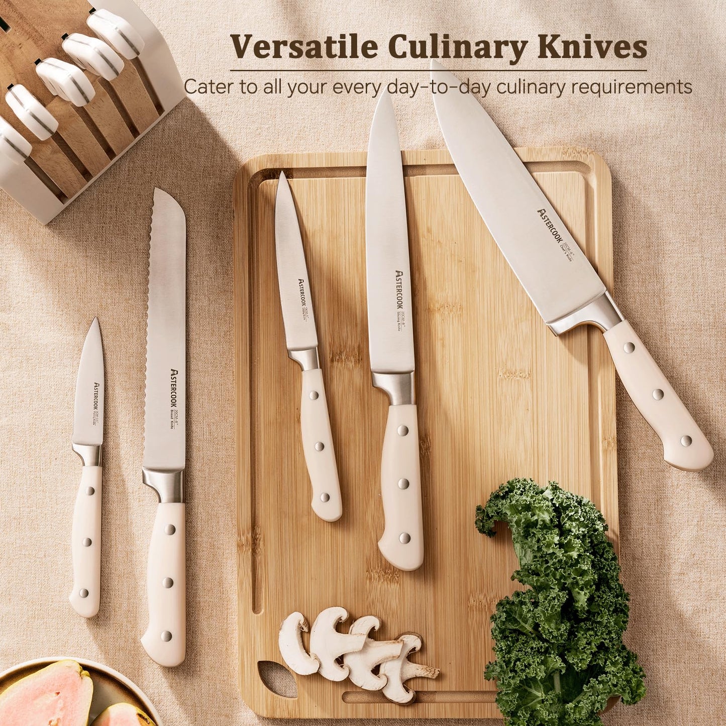 Knife Set,Astercook Kitchen Knife Set with Block 22-Piece Full Tang Stainless Steel Knives with Sharpener Dishwasher Safe and Anti-Slip Ergonomic Handle Elegant Cream White Utensils Set