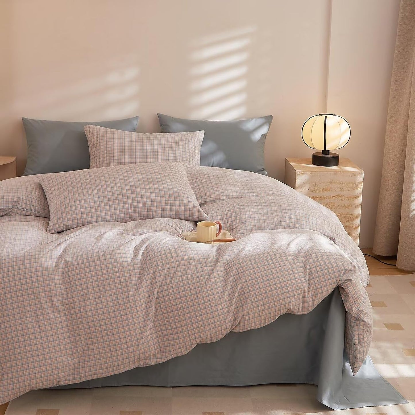 Duvet Cover Set - Brown Plaid Gingham Comforter Cover with Zipper Closure