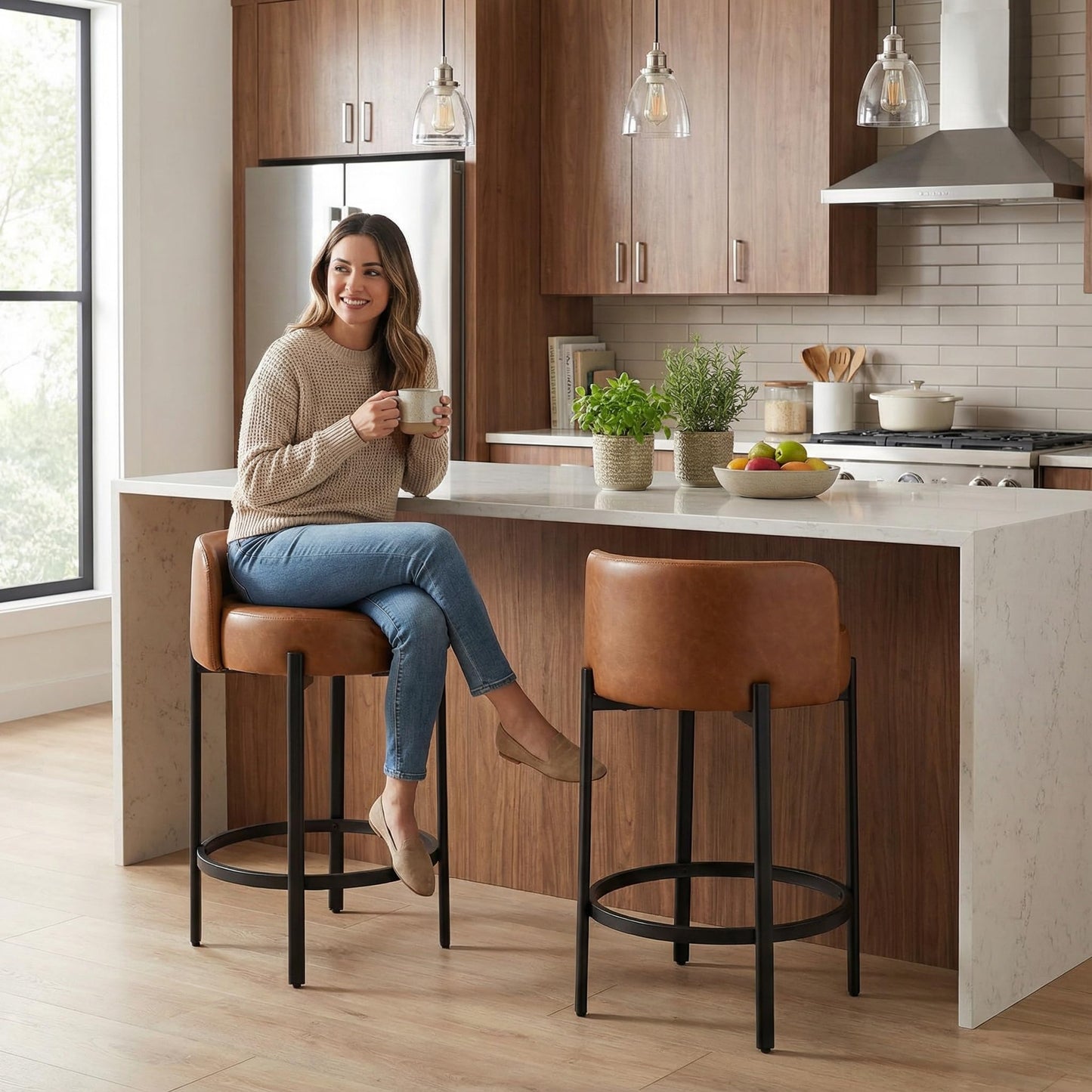 LukeAlon Mid Century Linen Counter Stools Set of 3, Upholstered 26.5" Seat Height Low Barstools with Natural Wood Legs Round Low Back Kitchen Stools with Footrest for Dining Room, Beige