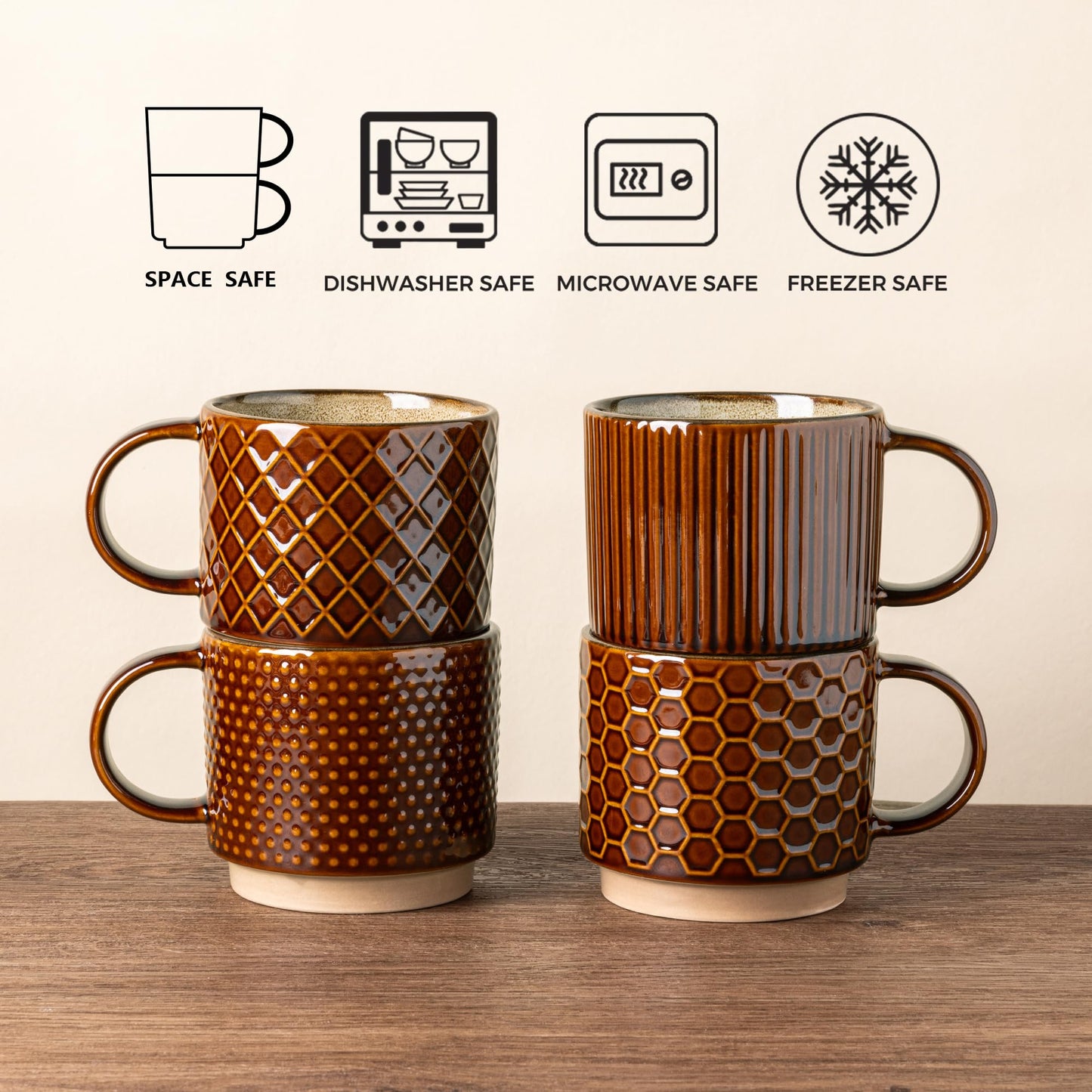 GBhome 12OZ Stackable Coffee Mugs, Ceramic Coffee Mugs with Texture Patterns for Man,Woman,Dad,Mom, Modern Coffee Mugs Set of 4 for Latte/Cappuccino/Cocoa. Dishwasher&Microwave Safe, Pale Khaki
