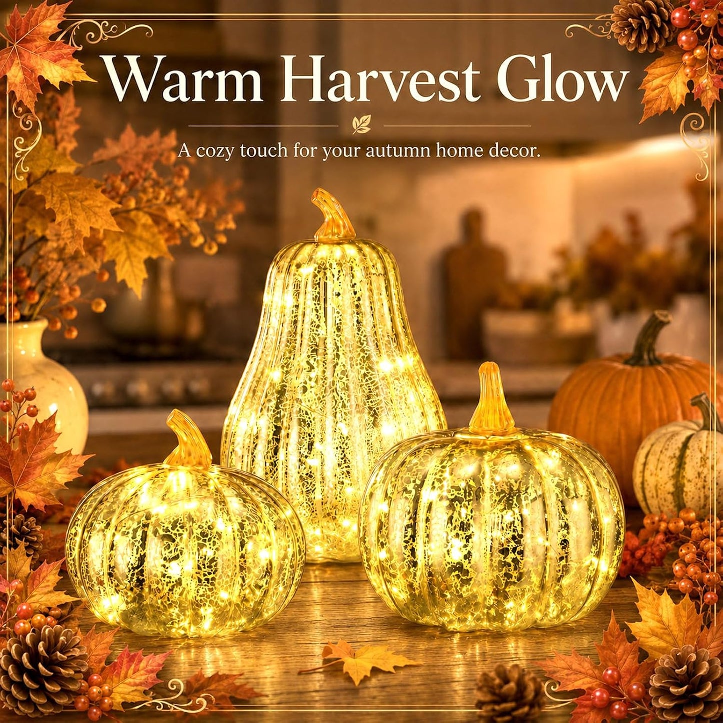 3 Pack Fall Glass Pumpkin with Light