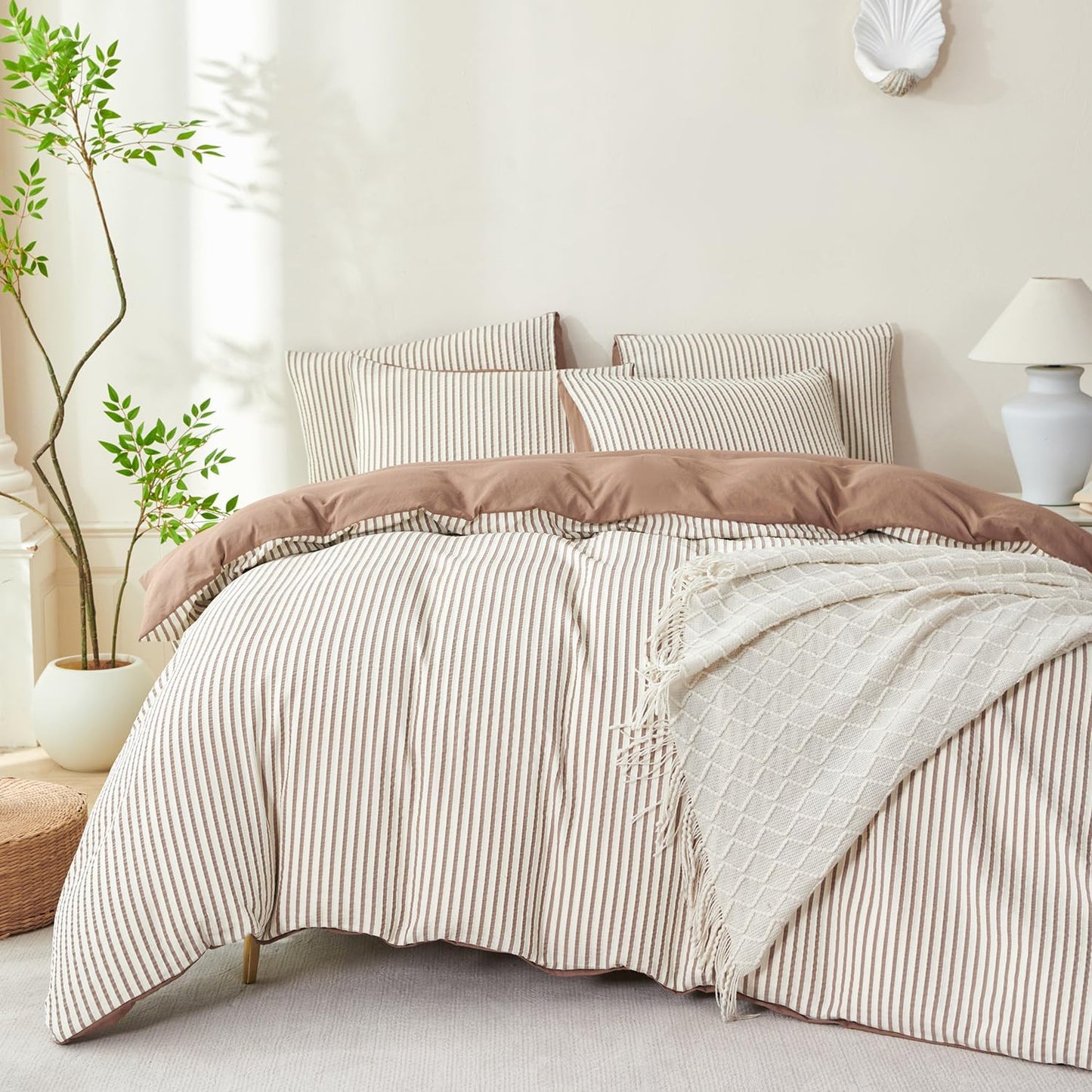 Striped Duvet Cover Queen Beige Washed Microfiber Jacquard 3 Pieces Bedding Set, White Beige Vertical Ticking Stripes Pattern Comforter Cover with Zipper Closure Breathable Durable Soft Comfy