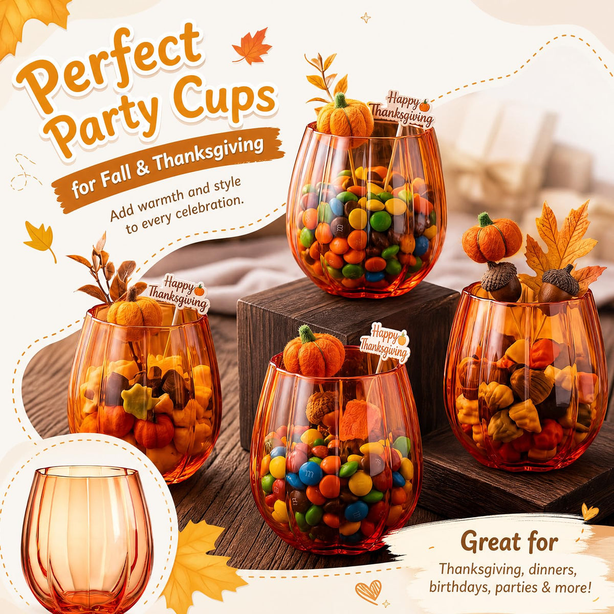 2 Pcs Fall Pumpkin Wine Glasses Stemless Glass Cups