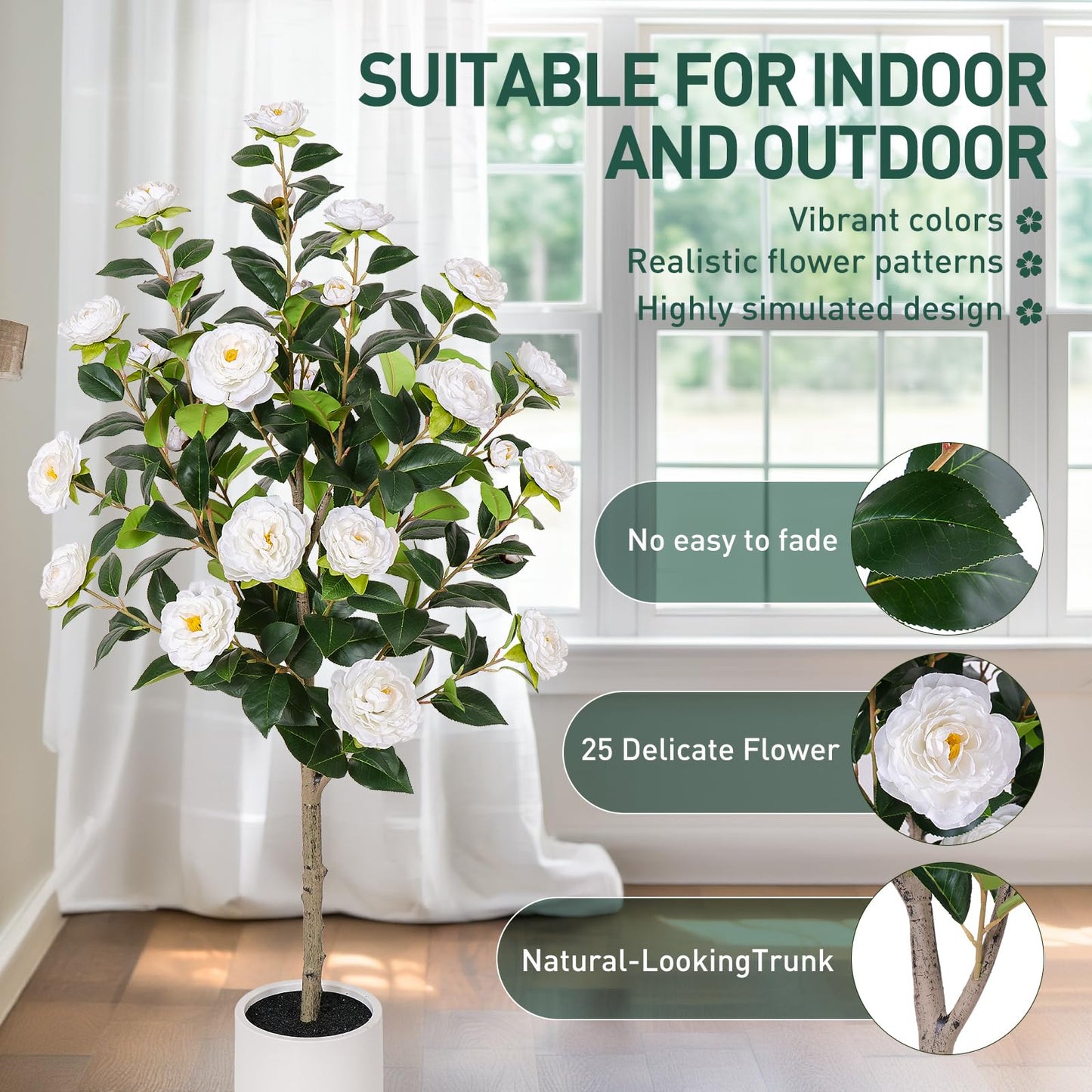 Yepdin 63 inch Artificial Camellia Tree with White Flower Pots - White Fake Tree,5 Ft Faux Plants Indoor wich Blooming,Artificial Plants for Indoor & Outdoor Home Front Door Decor