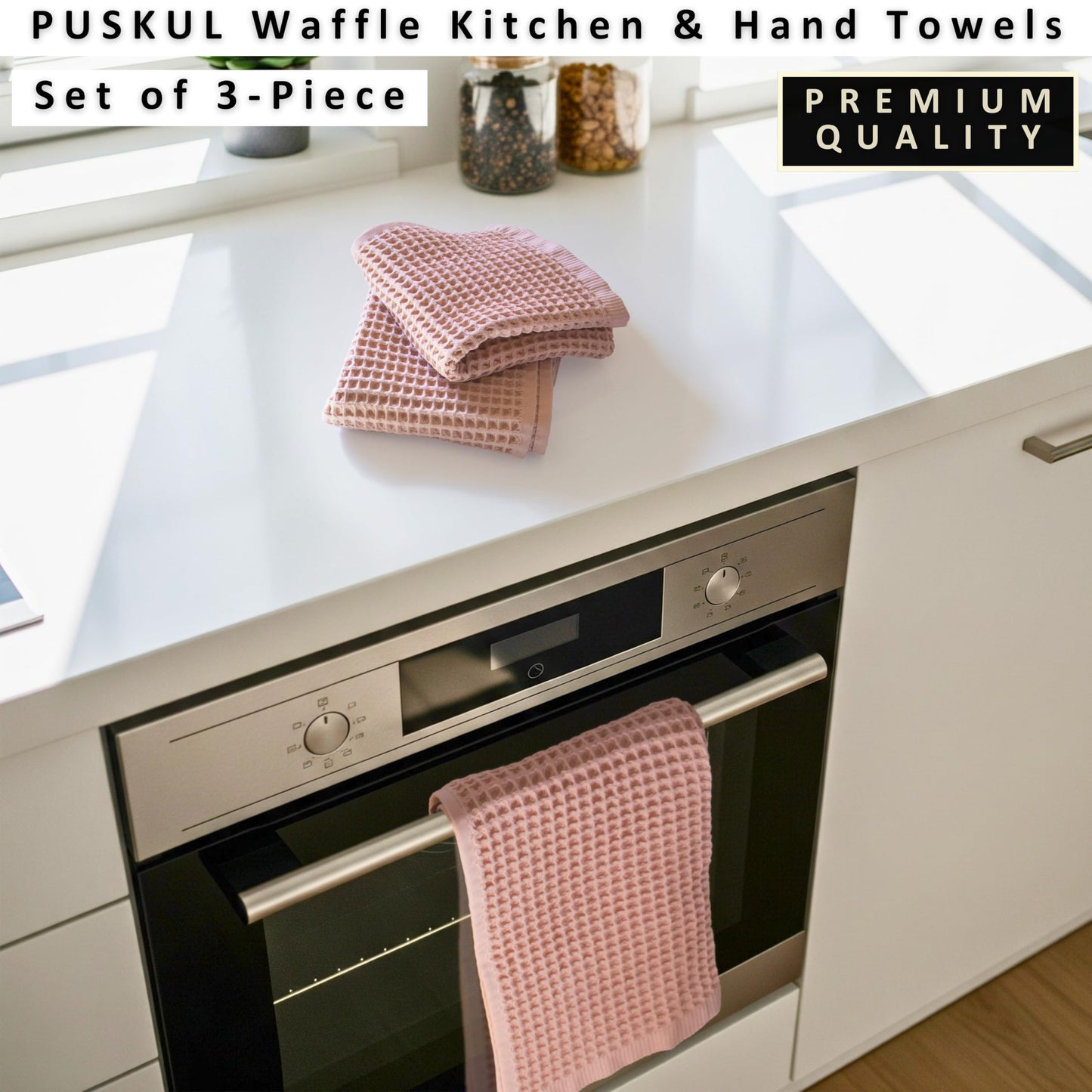 PÜSKÜL Organic Waffle Kitchen Towel Pure 100% Turkish Cotton Set of 3 Natural Raw-Undyed Towel - Premium Quality Soft Quick-Dry Absorbent Lint-Free Hand & Dish Towels Large 32X16 (3, Natural Beige)