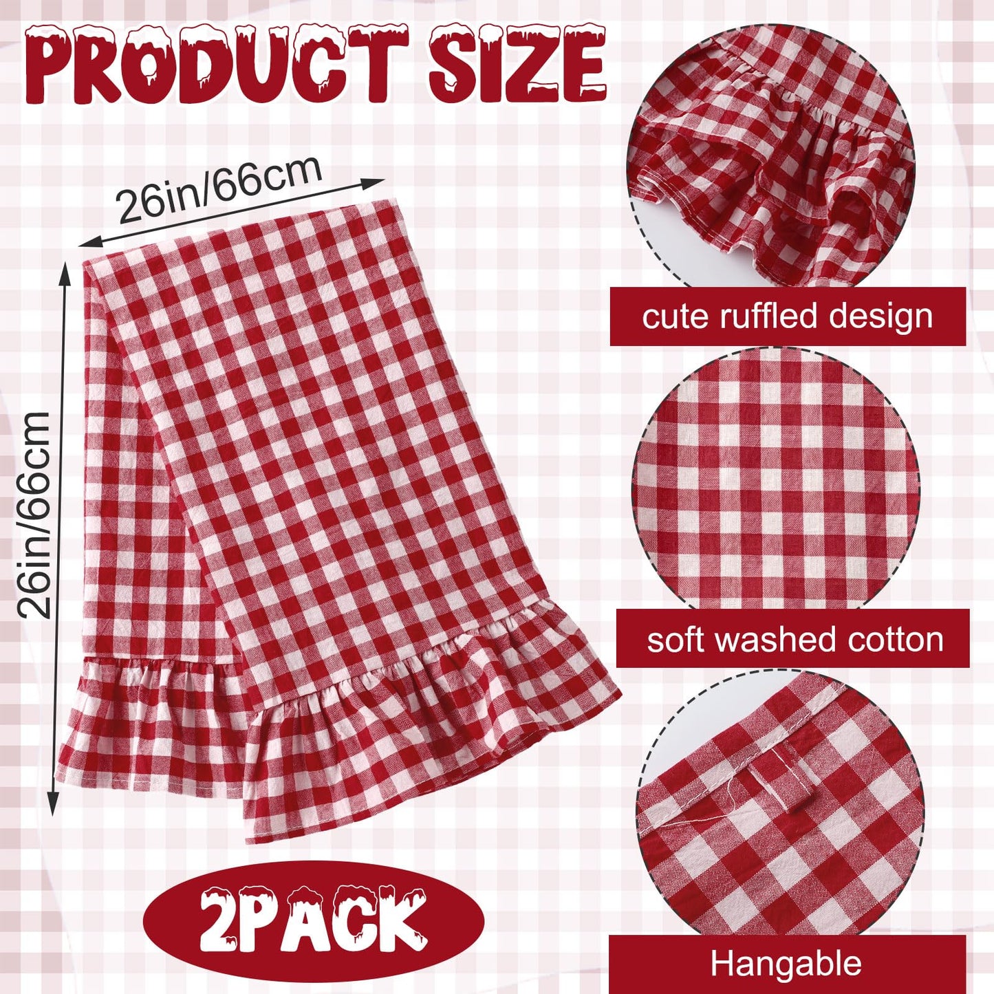 HunnmingRe Taupe Kitchen Towels Set of 2, 100% Cotton Ruffled Gingham Dish Towels 18"x28" Tea Cloths Classic Plaid Pattern for Farmhouse Charm, Drying Dishes, Entertaining Guests