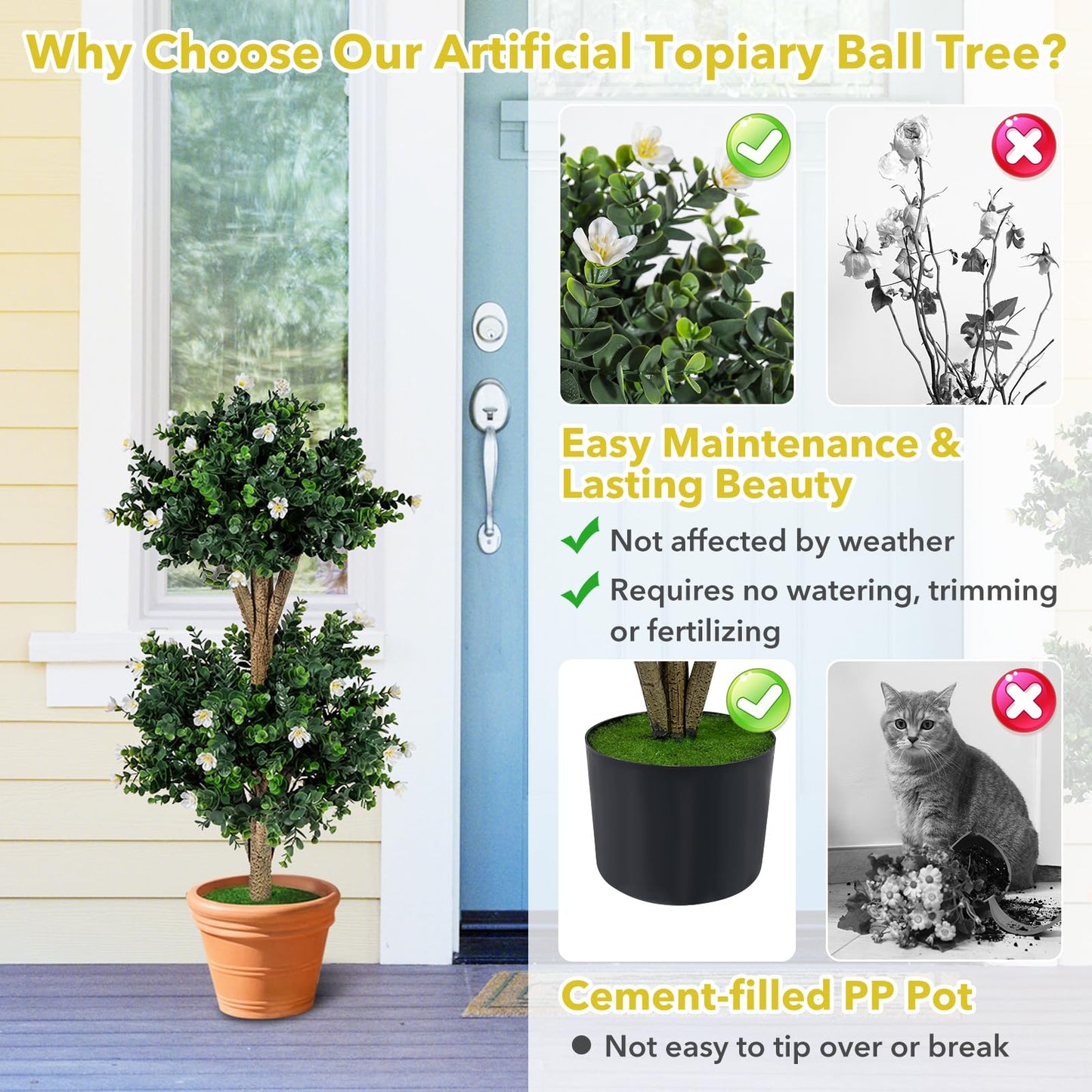 Set of 2 Faux Bush Plant w/41 Blossoms, Cement-Filled Plastic Pot