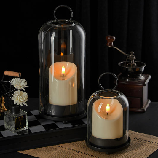 Brass Hurricane Candle Holder with Handmade Glass Dome, Set of 2
