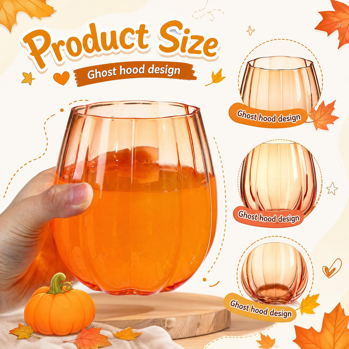 2 Pcs Fall Pumpkin Wine Glasses Stemless Glass Cups